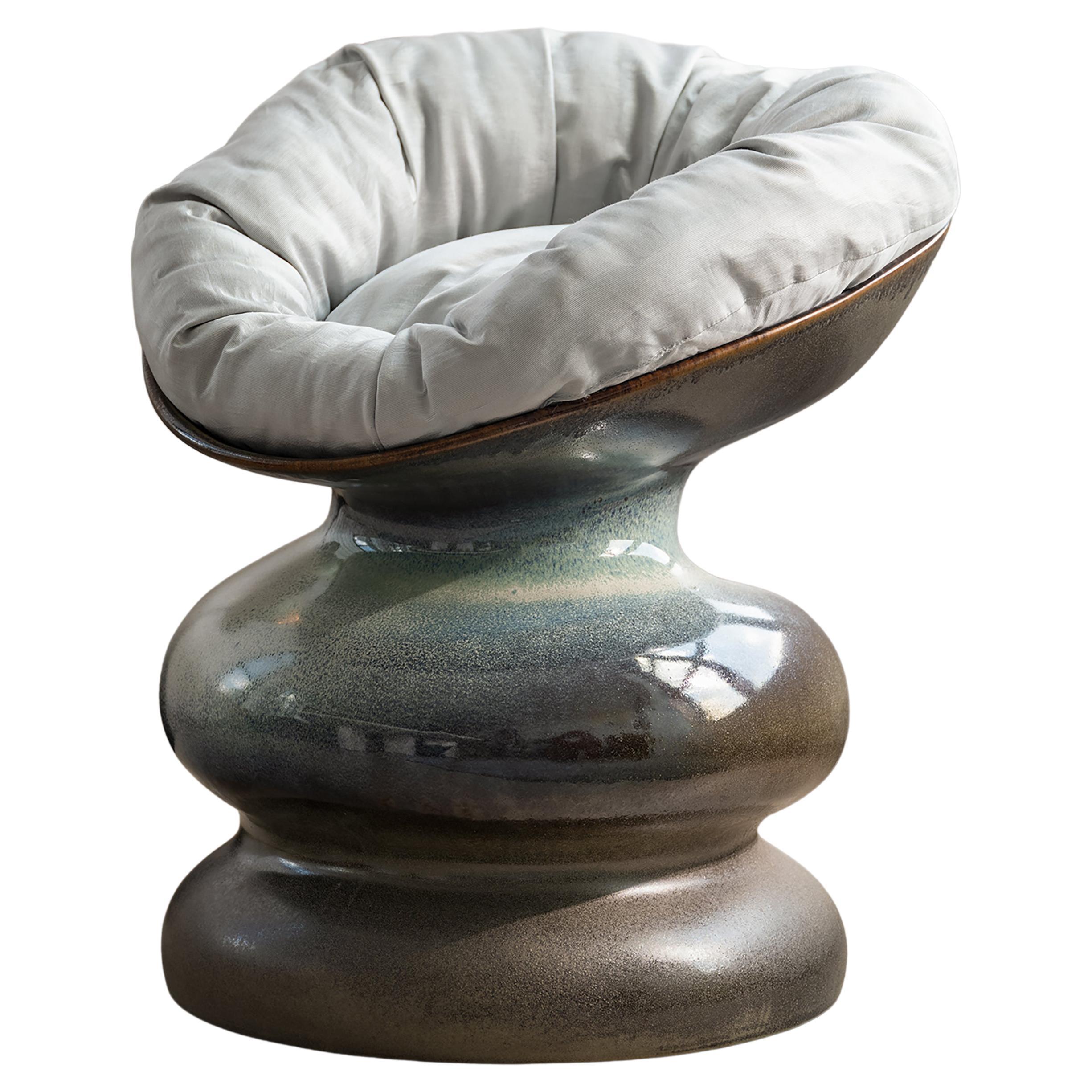 Organic Wave Form Ceramic Chair in Gray Blue with Cushion