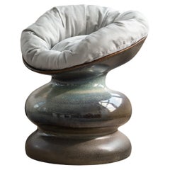 Organic Wave Form Ceramic Chair in Gray Blue with Cushion