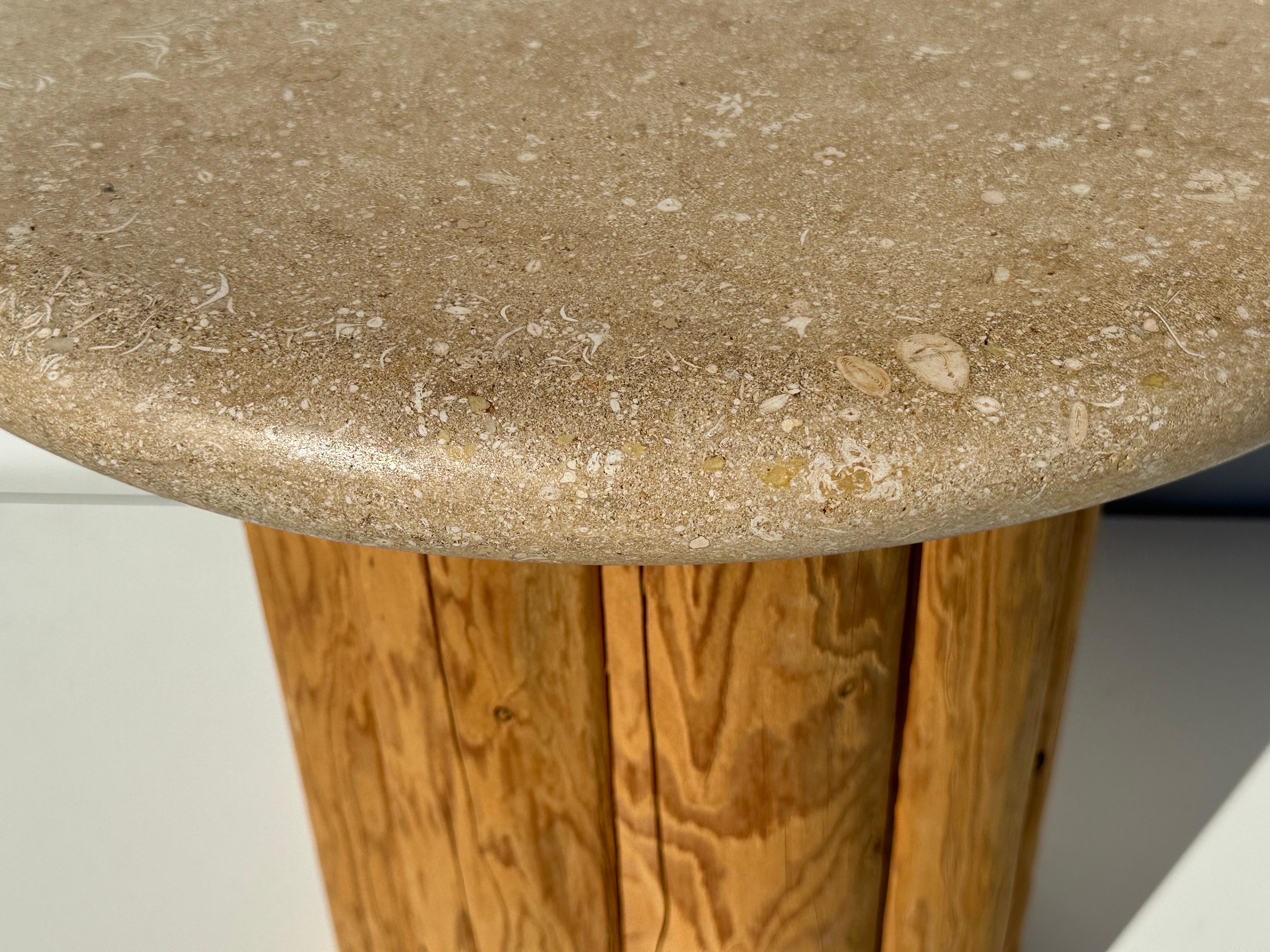 Late 20th Century Organic Weathered Pine and Fossilized Travertine End / Side Table For Sale