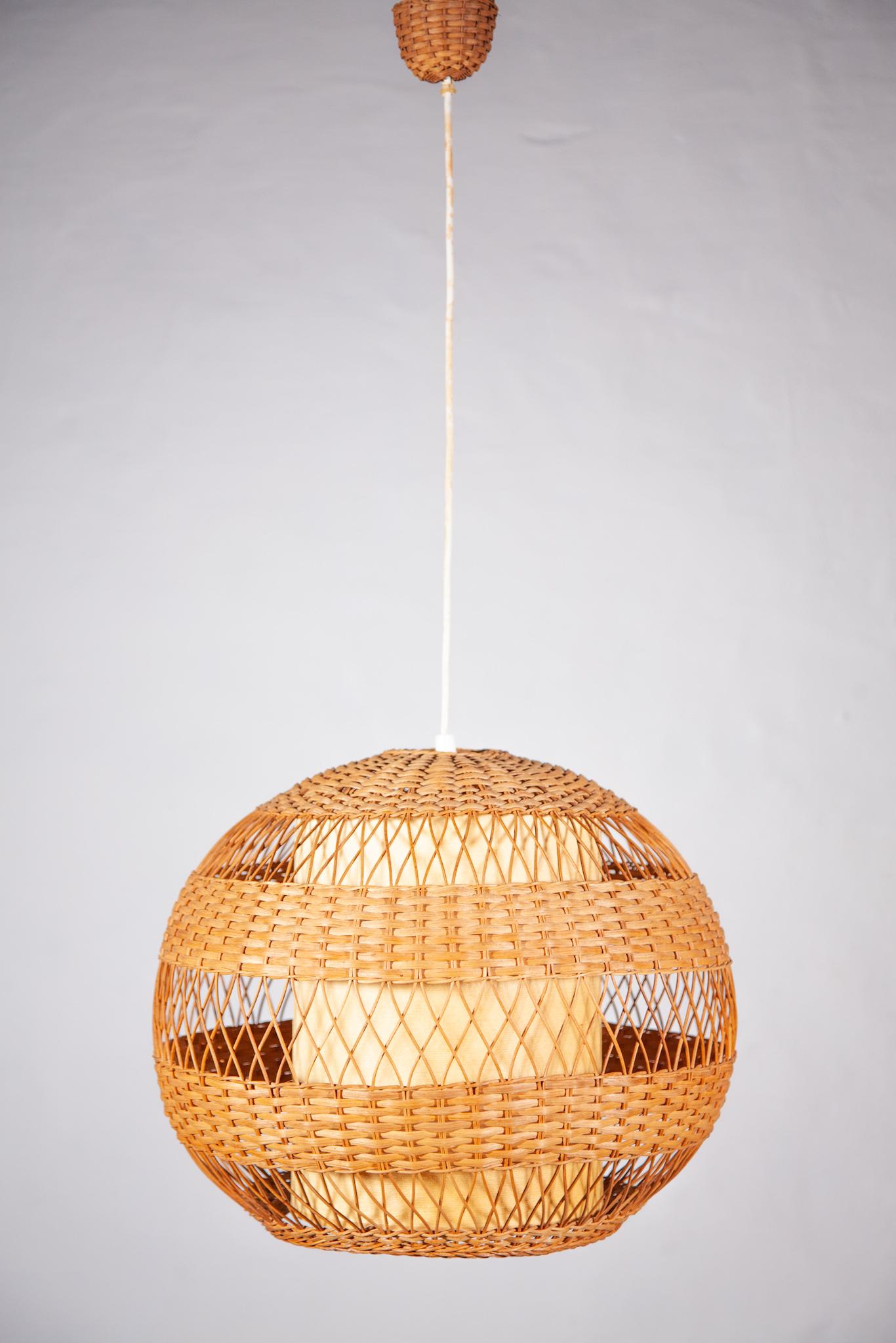 Mid-Century Modern Organic Wicker Rattan Globe Pendant or Hanging Light, 1950s For Sale