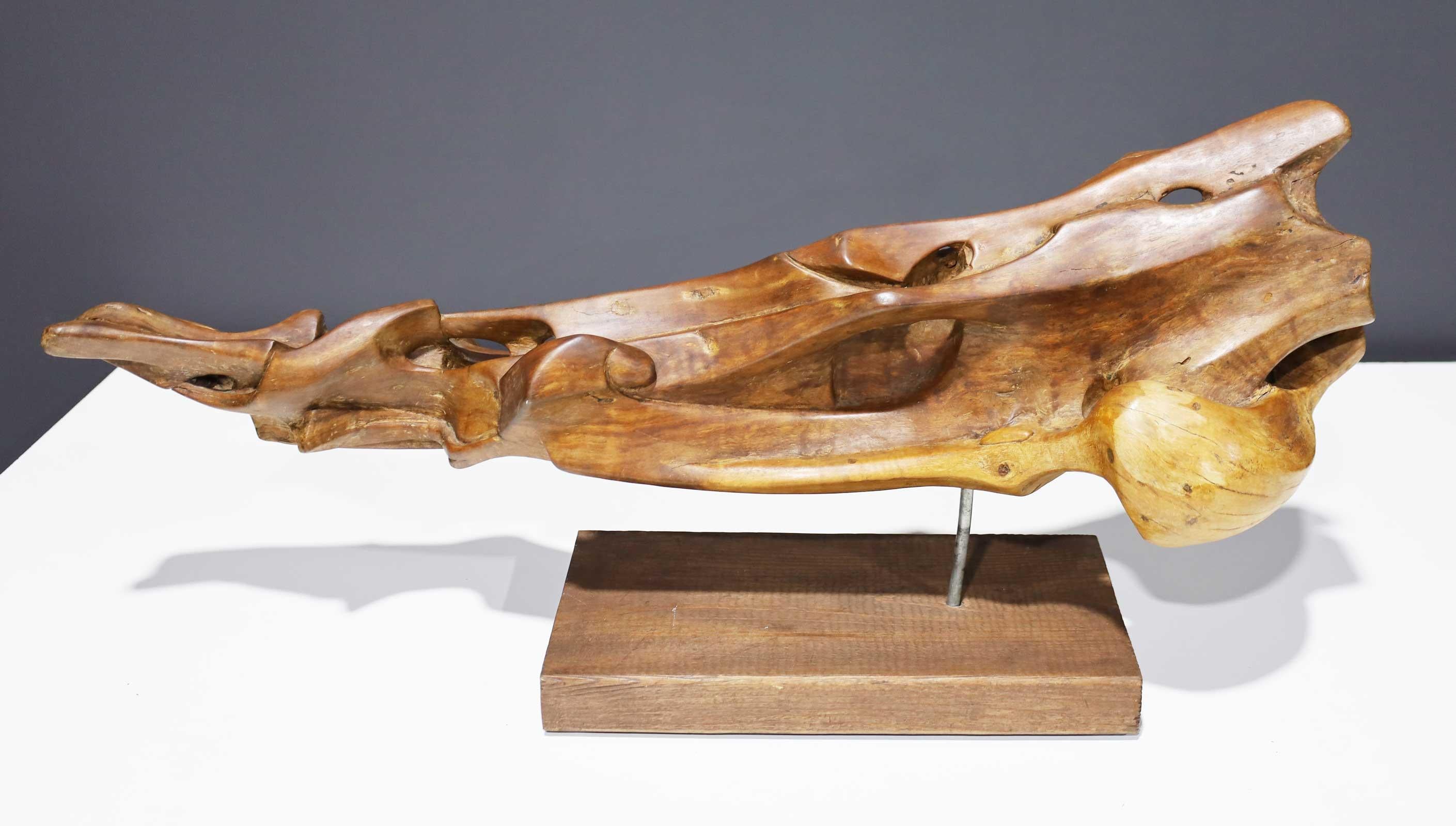 Beautiful organic wood sculpture mounted on a wooden base. Sculpture is signed Huez Dominguez.