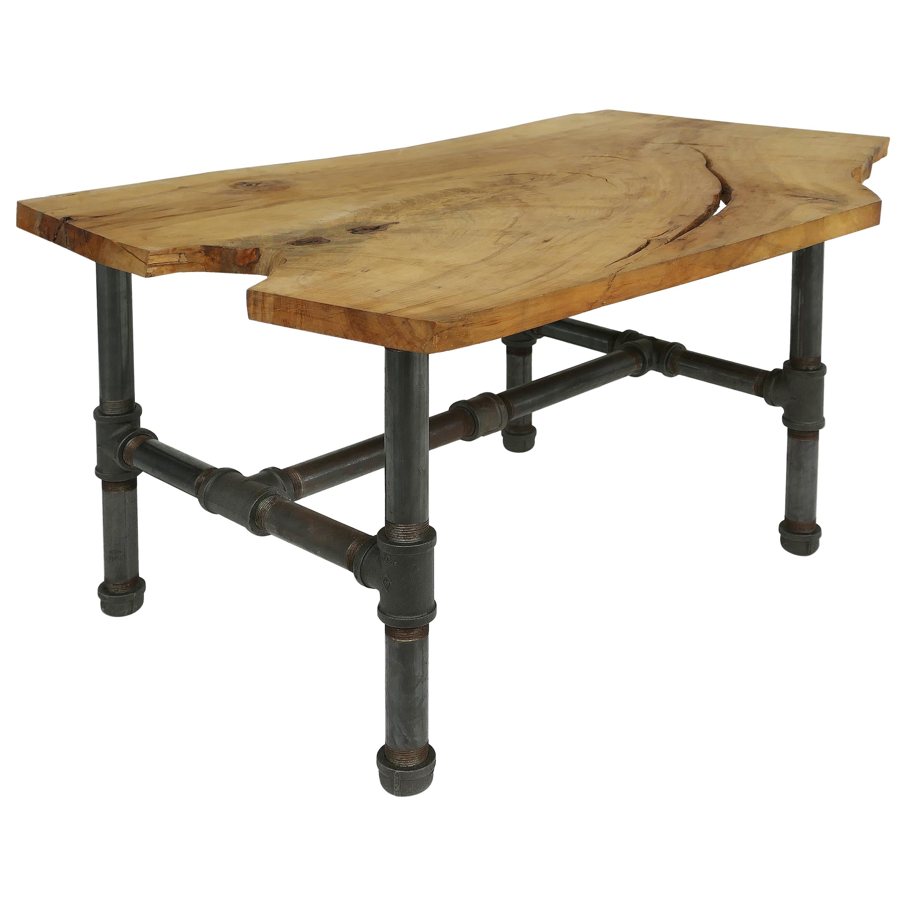 Organic Wood Slab Coffee Table with Industrial Iron Base