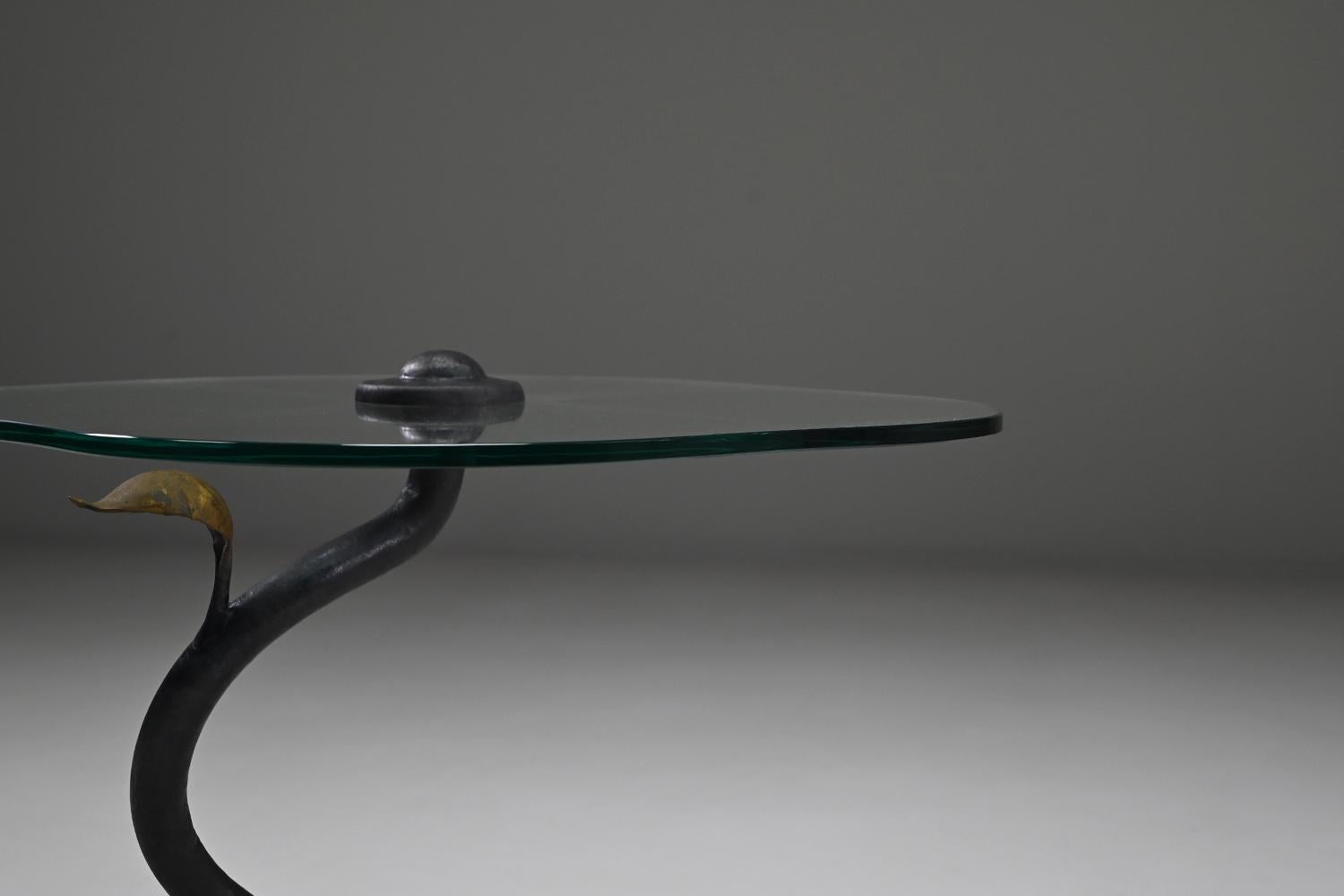 Glass Organic wrought iron side table, 1970s Belgium. For Sale