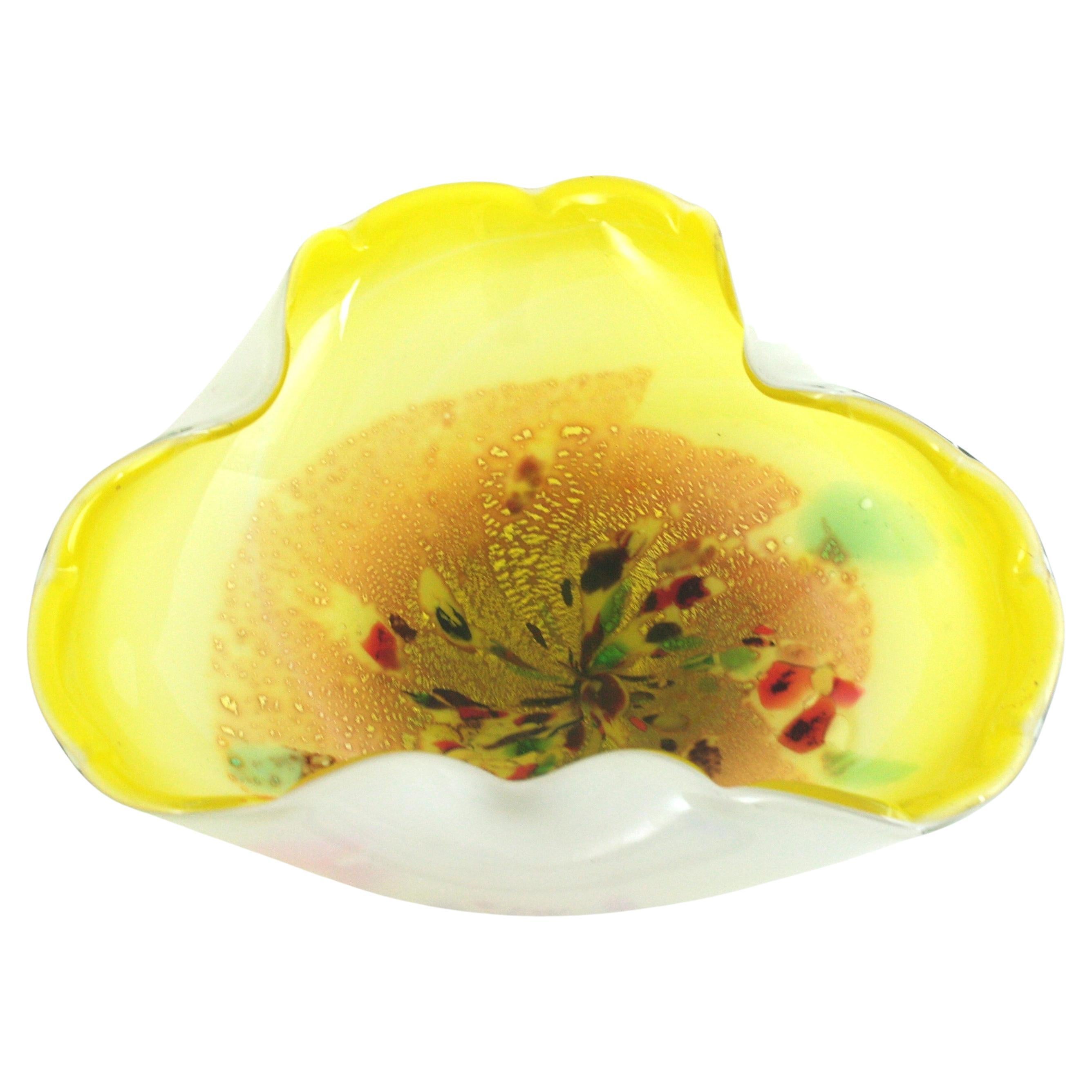 Cuenco de cristal de Murano Multicolor Amarillo Blanco Orgánico de Arte Italiano