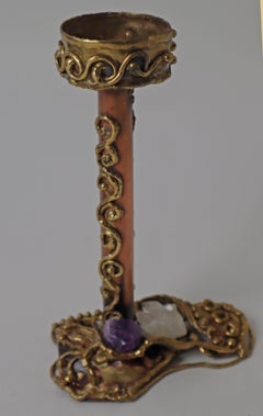 Bougeoir de forme organique en laiton et cuivre cristal de roche améthyste