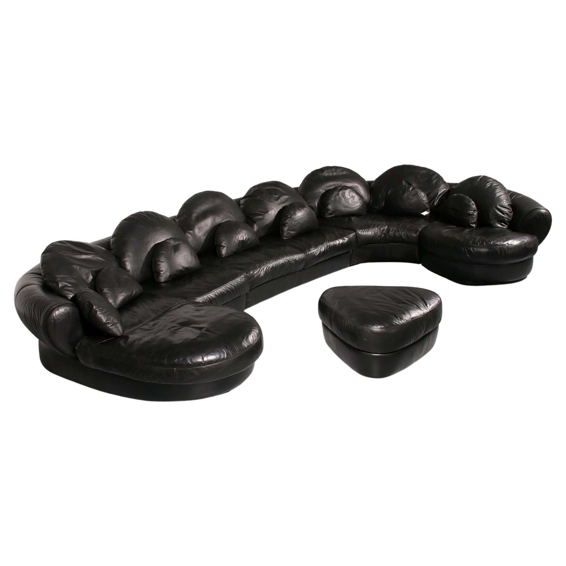 Organically Shaped Post-Modern Sectional Sofa in Black Leather en venta
