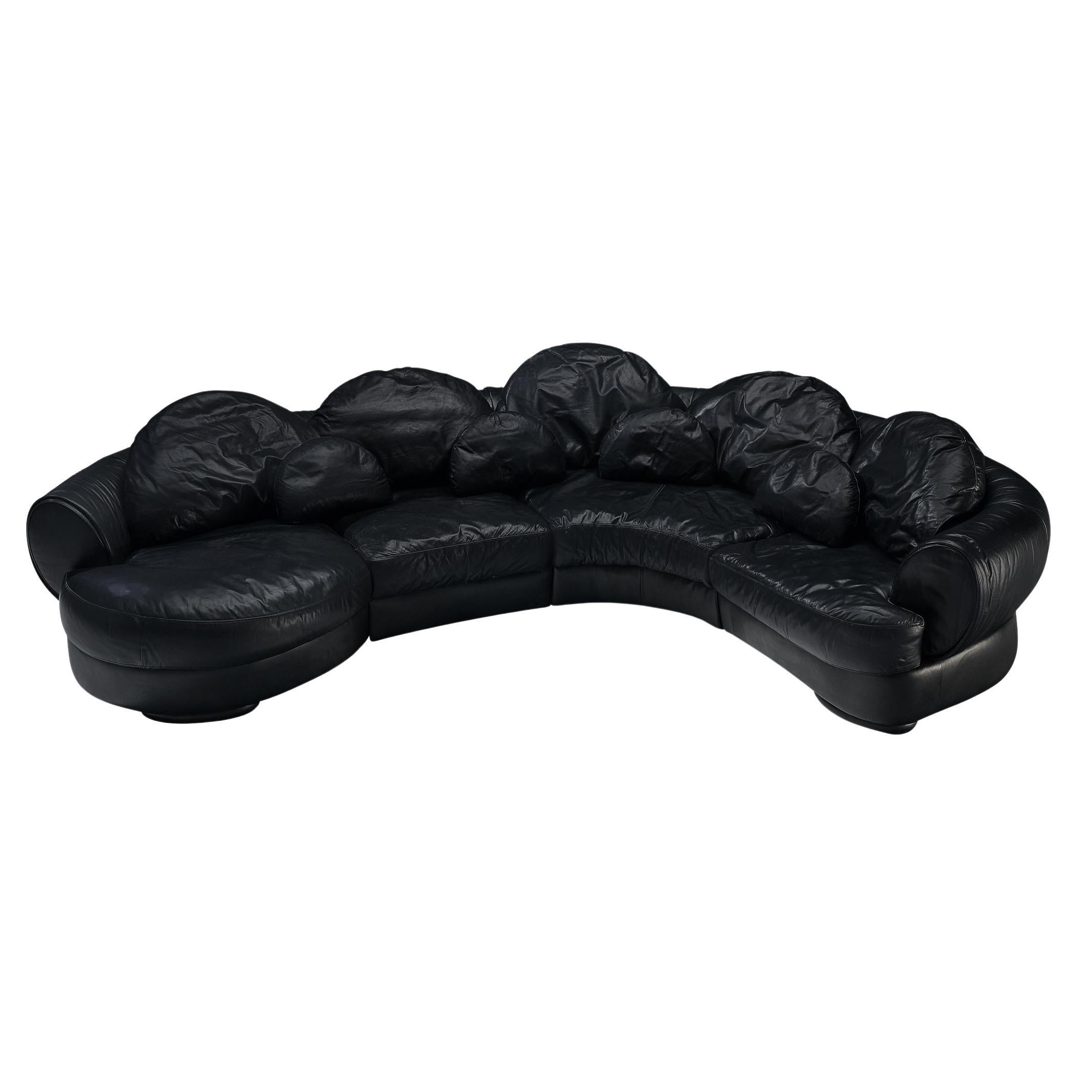 Organically Shaped Post-Modern Sectional Sofa in Black Leather