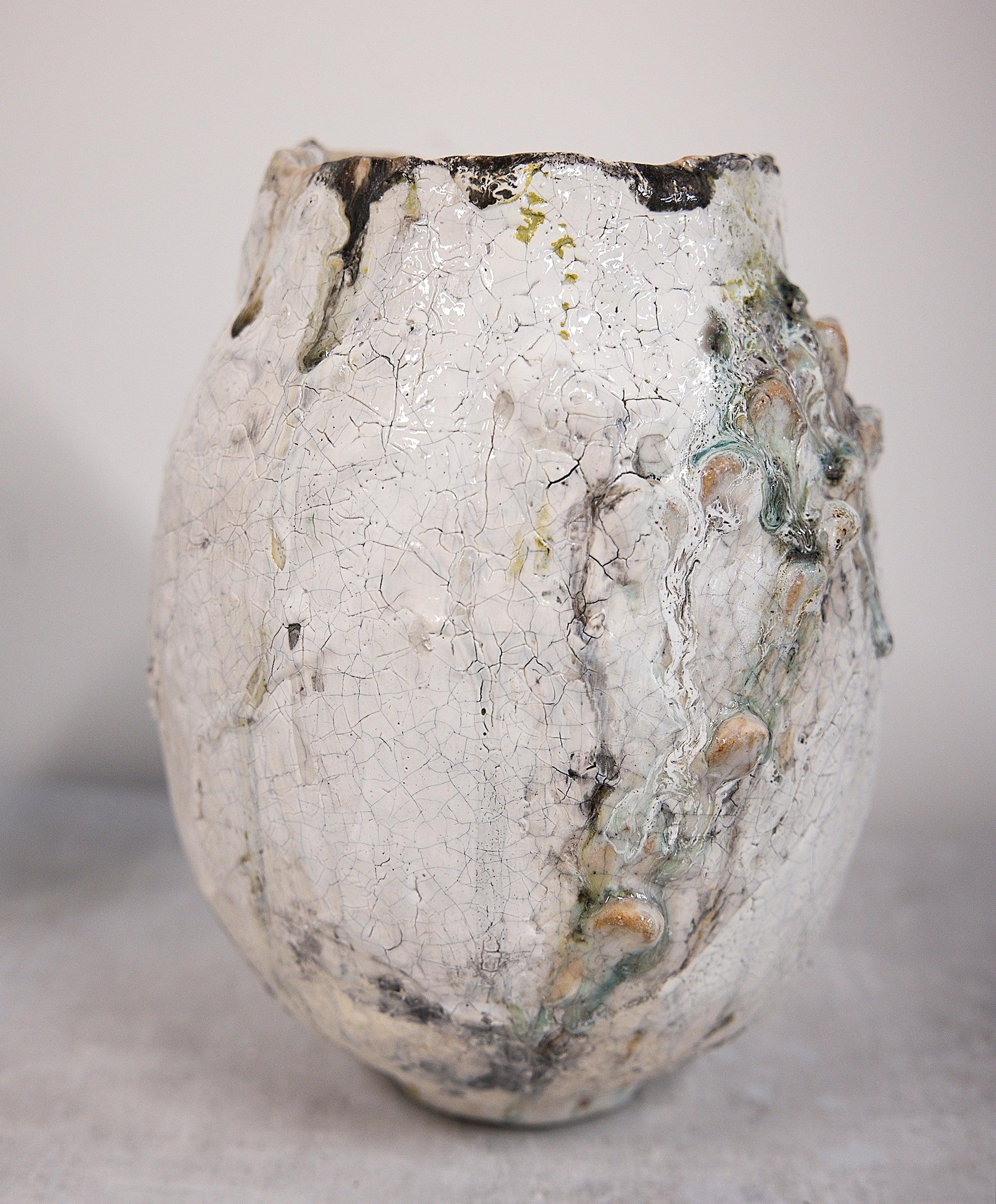 Hand-Crafted Organice Crackle Oval Vase 100 For Sale