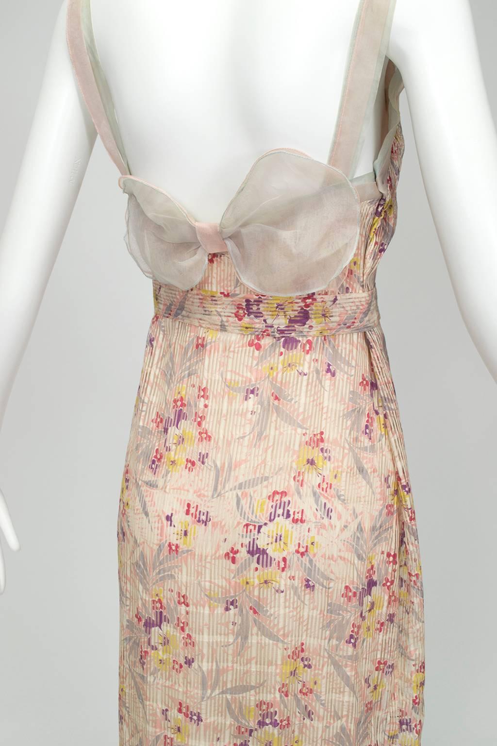 Beige Pink Floral Mermaid Tea Gown and Hollow Glass Button Jacket - Small, 1930s