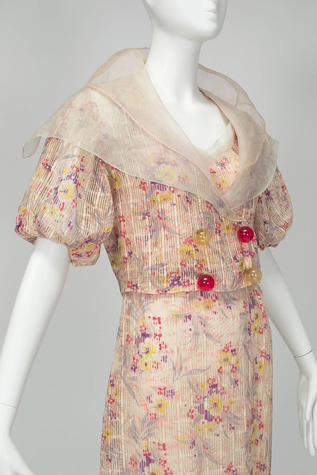 Pink Floral Mermaid Tea Gown and Hollow Glass Button Jacket - Small, 1930s In Good Condition In Tucson, AZ