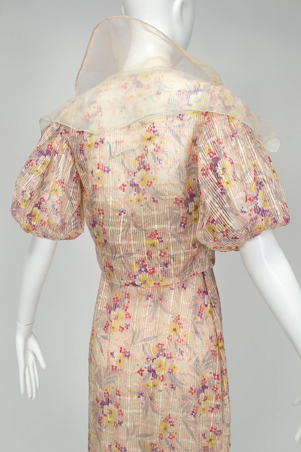 Women's Pink Floral Mermaid Tea Gown and Hollow Glass Button Jacket - Small, 1930s