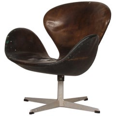Original 1960s Arne Jacobsen Black Leather Swan Chair 3320 with Heavy Patina