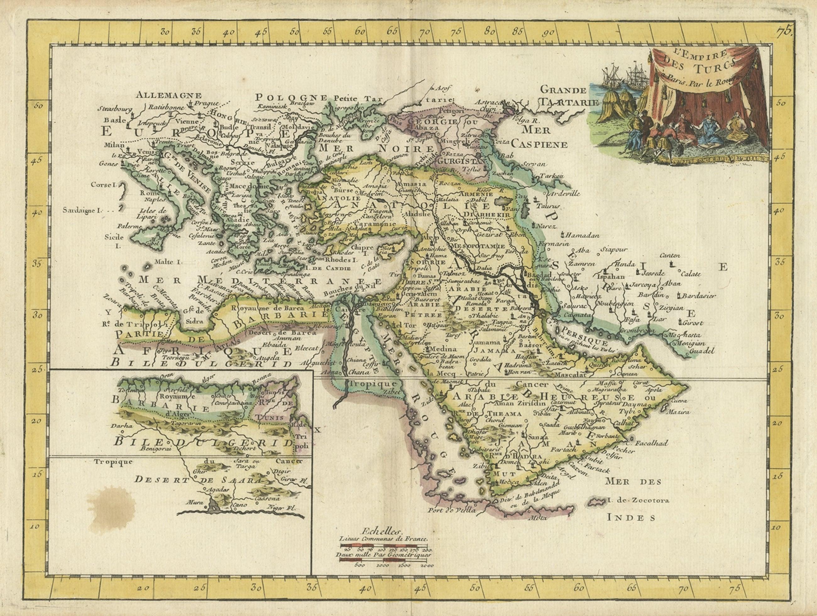 Carte organique antique colorée à la main de l'Empire turc, 1748 en vente 1