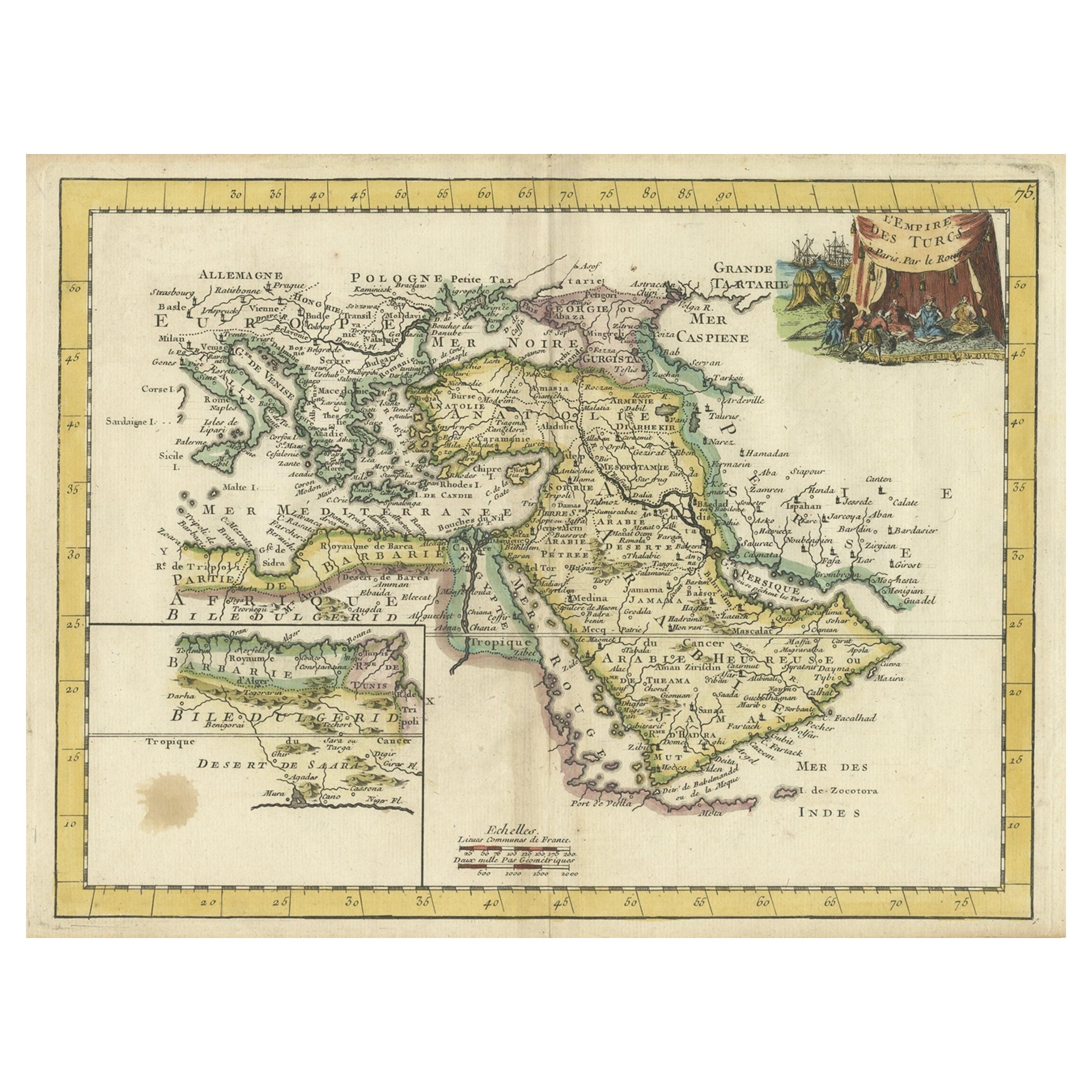 Carte organique antique colorée à la main de l'Empire turc, 1748