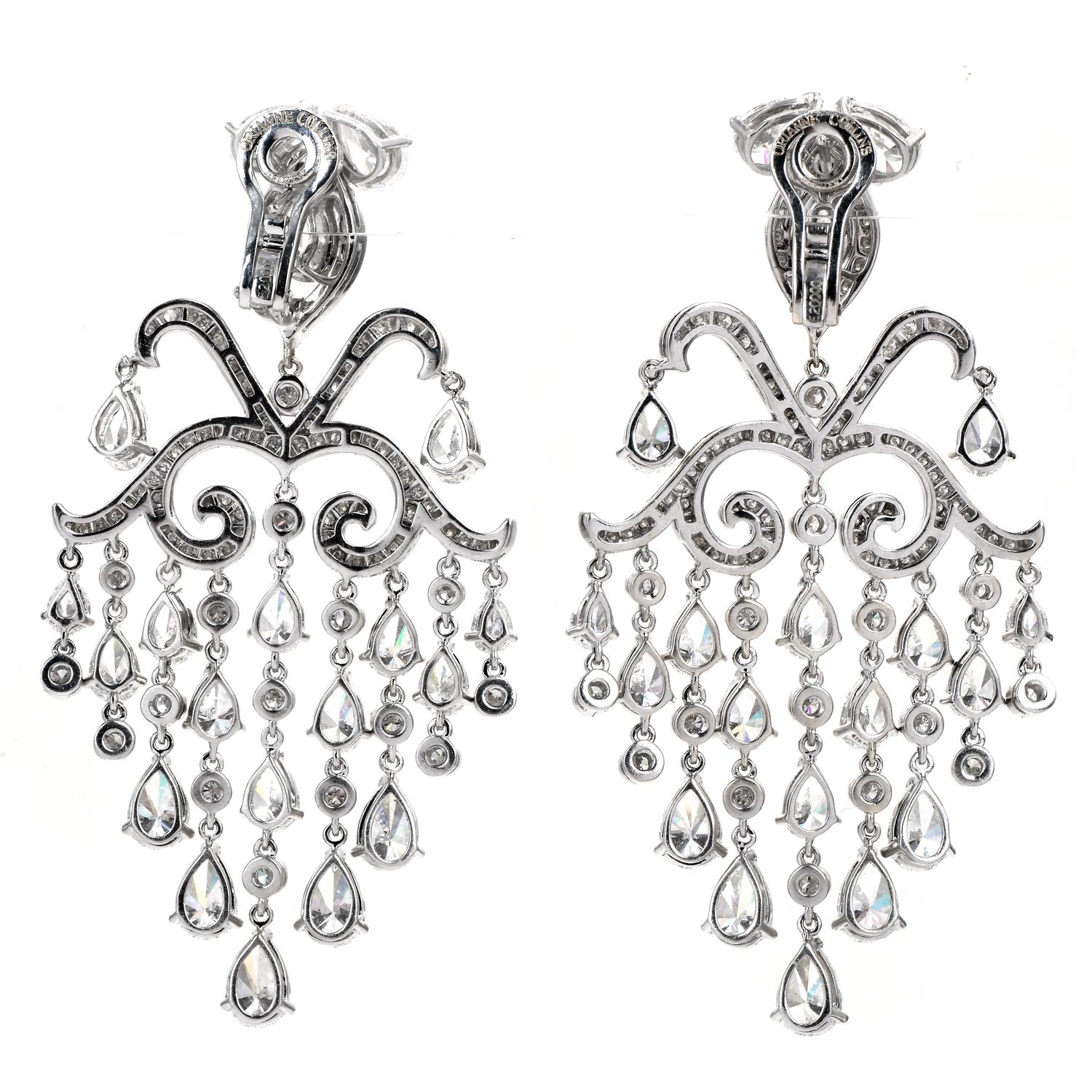 Taille poire Orianne Collins, pendants d'oreilles chandelier en or blanc 18 carats avec diamants en forme de poire de 42,0 carats en vente