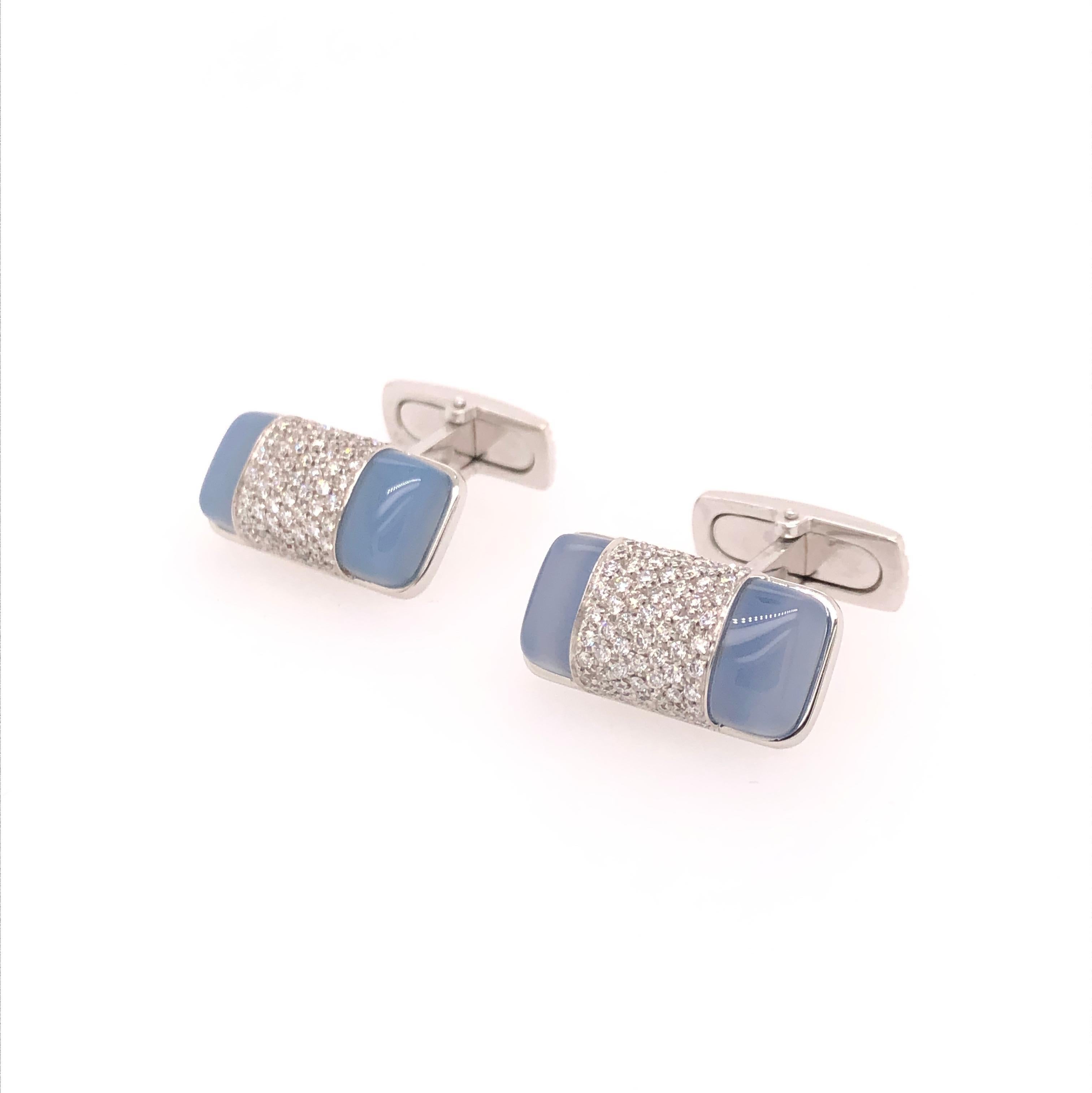 Blue Stone 18K White Gold, Diamond and Chalcedony Cufflinks.  Impeccable design from Orianne Collins.  