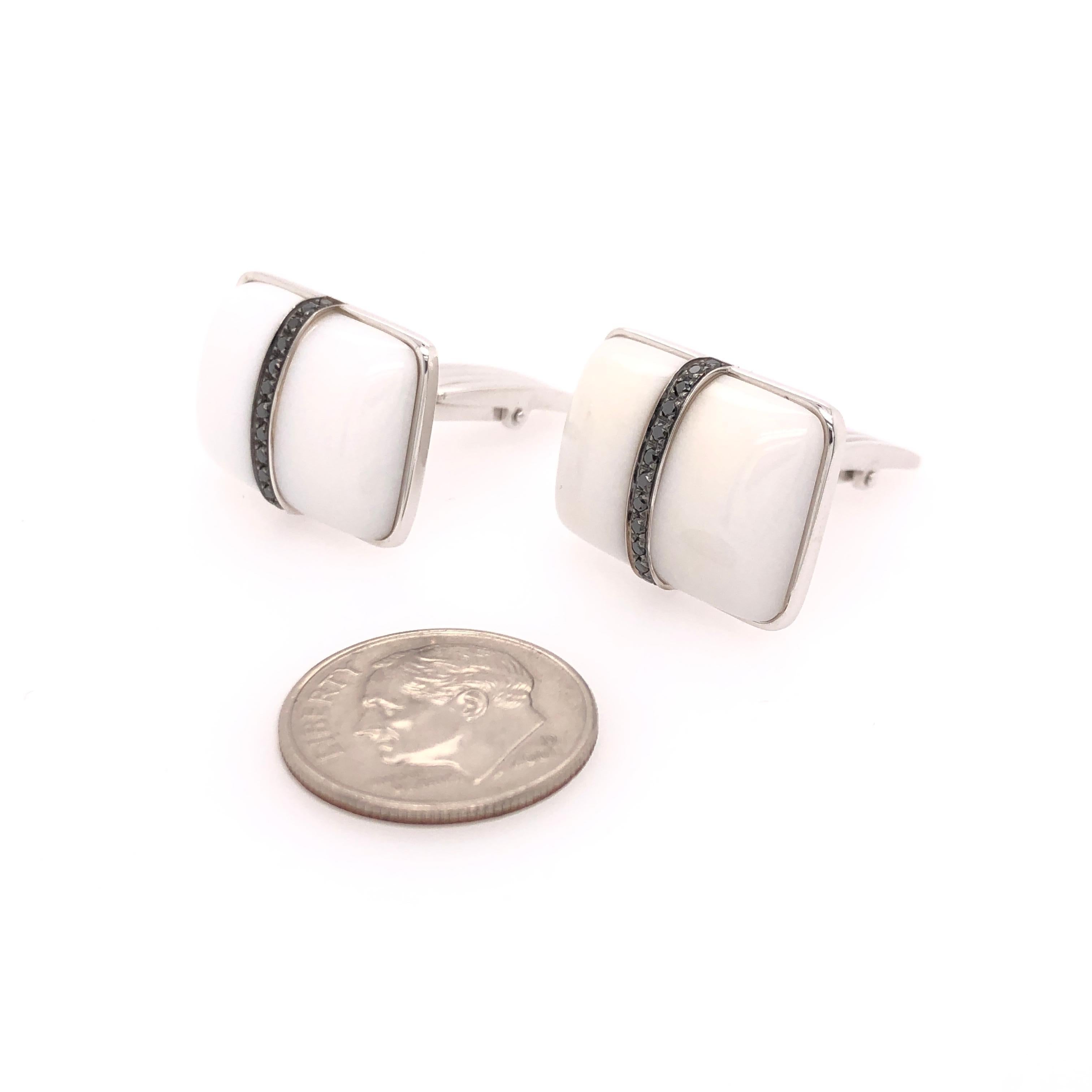 Dress in Style with Orianne Collins 18K White Gold White Agate and Black Diamond Cufflinks.  Stamped Orianne Collins Jewellery on the back.  
