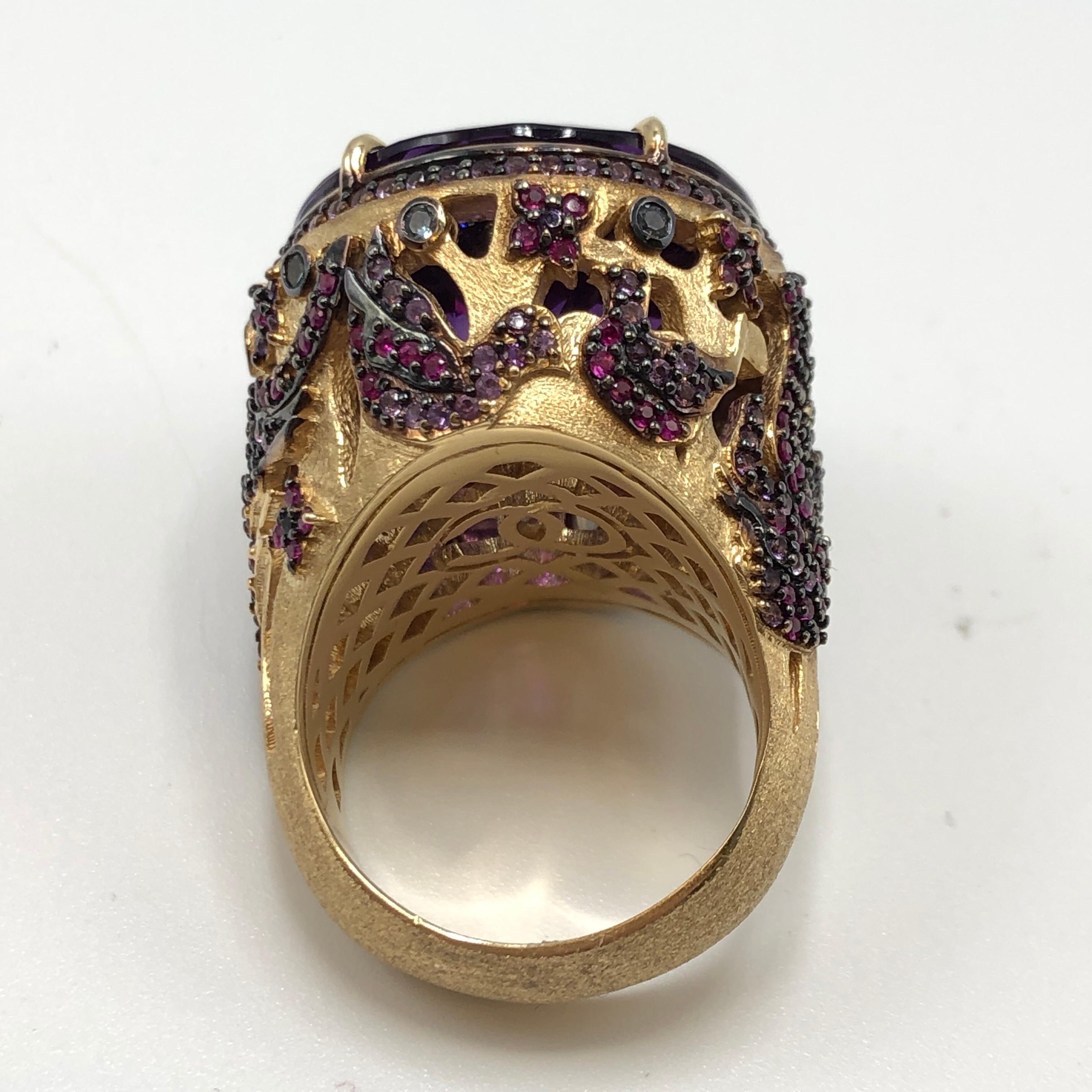 Modern Orianne Collins Violet Amethyst Ruby and Blue Topaz Plum Gold Ring