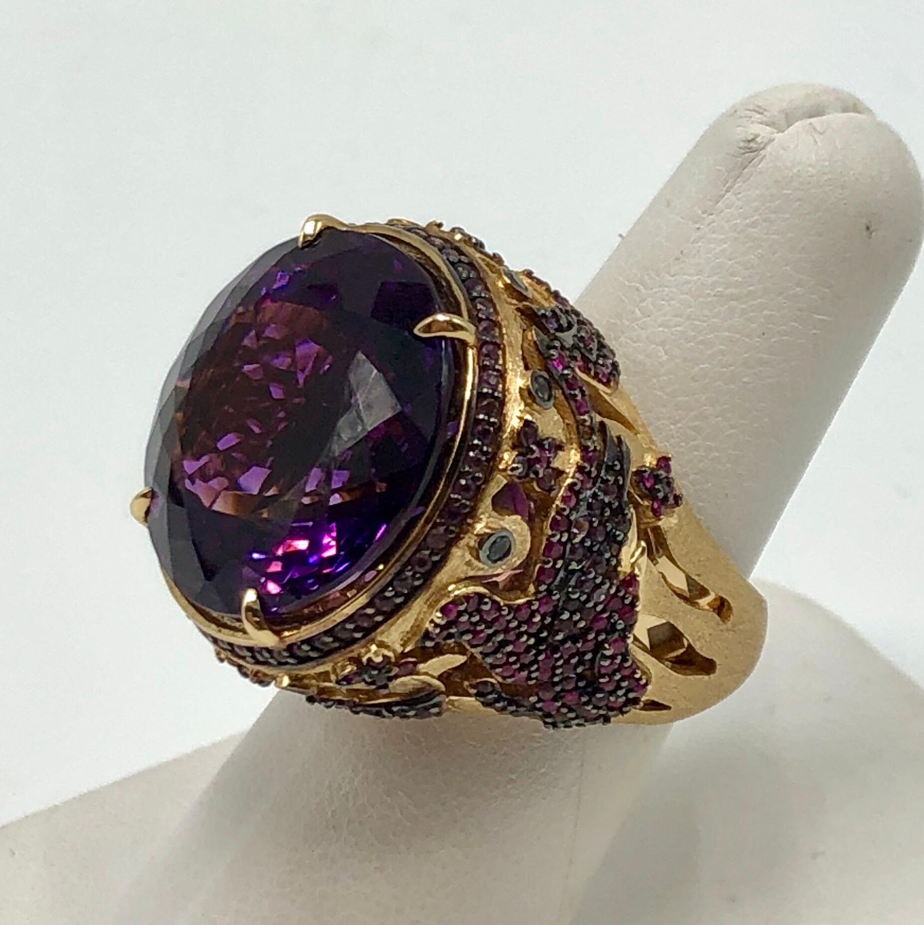 Round Cut Orianne Collins Violet Amethyst Ruby and Blue Topaz Plum Gold Ring