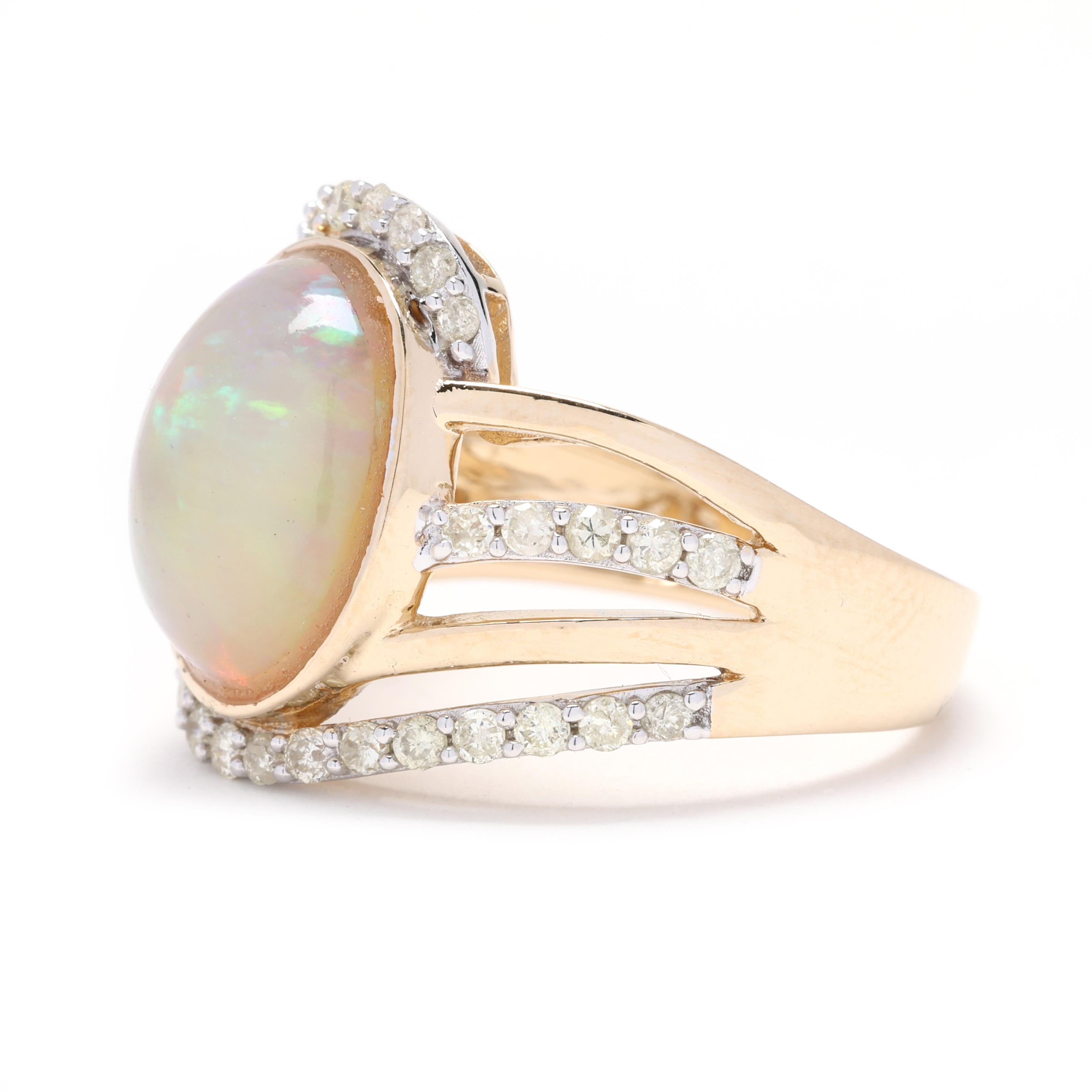 Orianne Diamond and Opal Statement Ring, 14k Yellow Gold, Ring Size 7 In Good Condition In McLeansville, NC