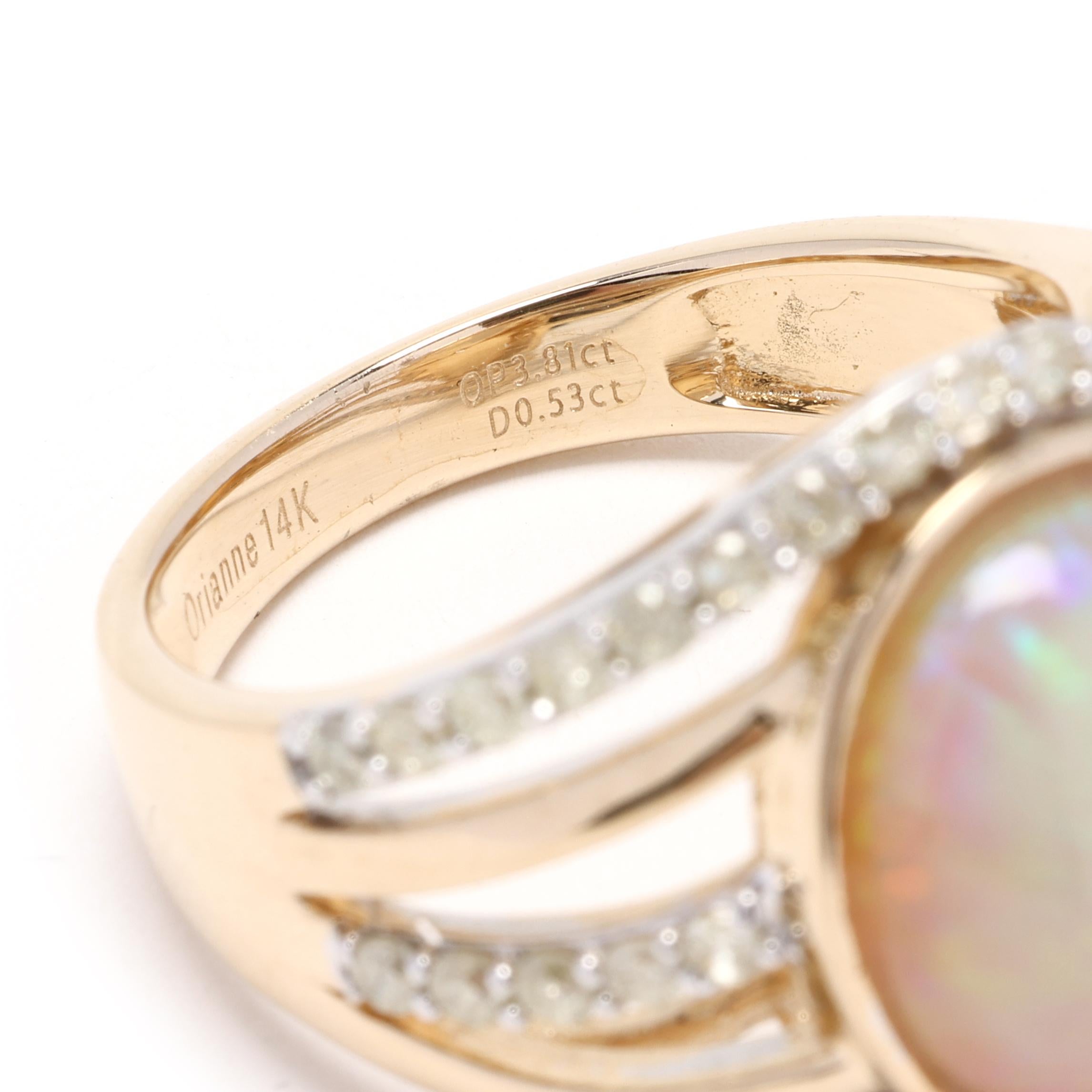 Orianne Diamond and Opal Statement Ring, 14k Yellow Gold, Ring Size 7 1
