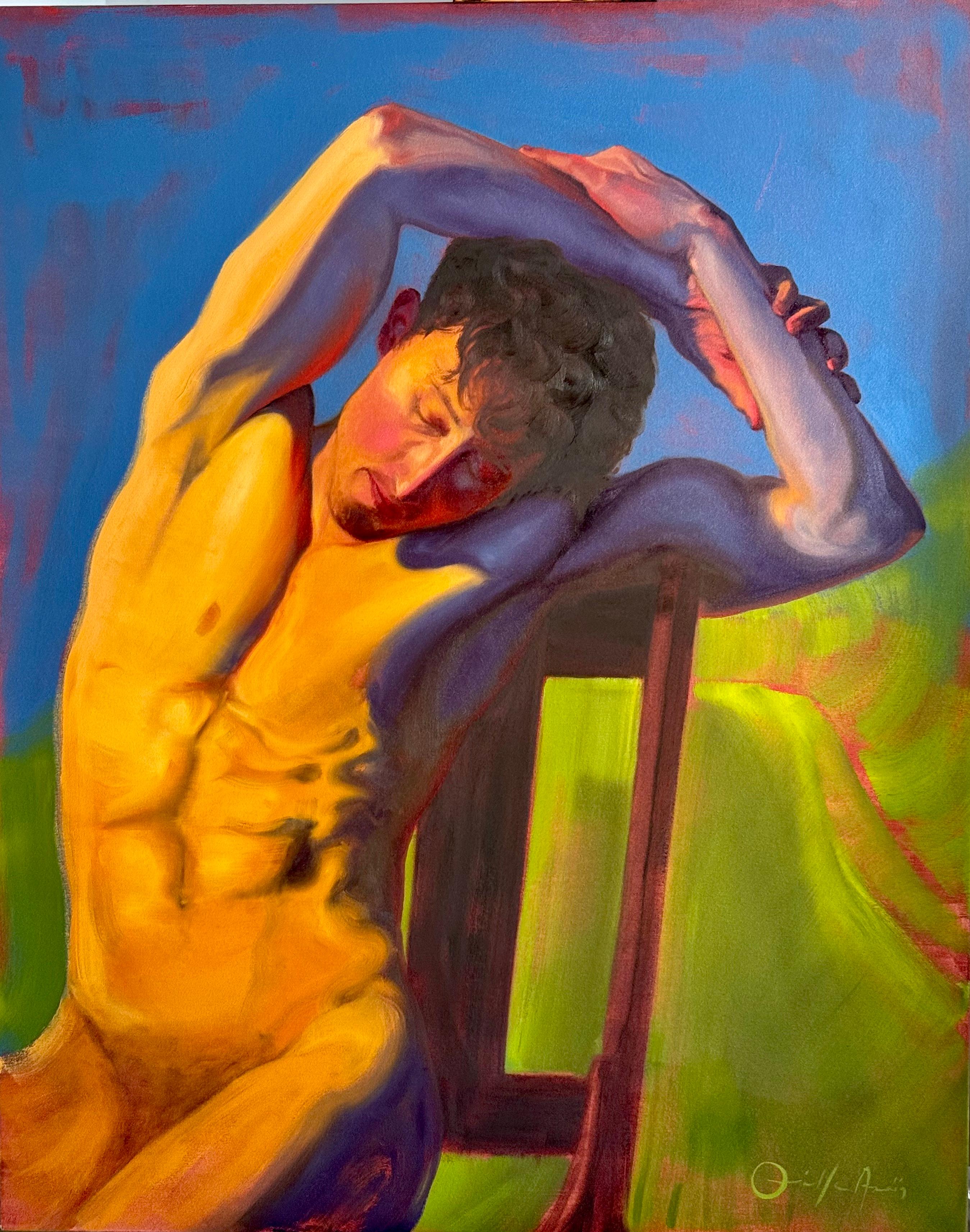 “Eternal Summer” by Orielle Anaïs
Oil on Canvas  40x50 in.

This seated composition by California-based artist Orielle Anaïs features a nude male figure enveloped in a richly textured, abstract background that evokes the warmth and vitality of an