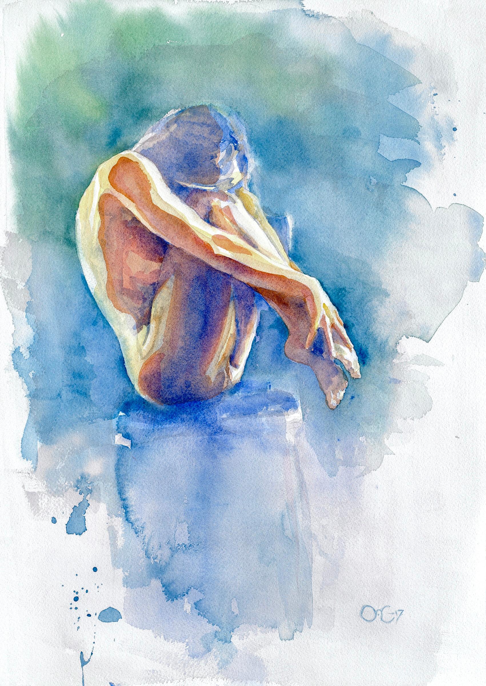 Orielle Caldwell Nude Painting - 'Jeux d'eau' Watercolor Painting By Orielle - Female Nudes Art