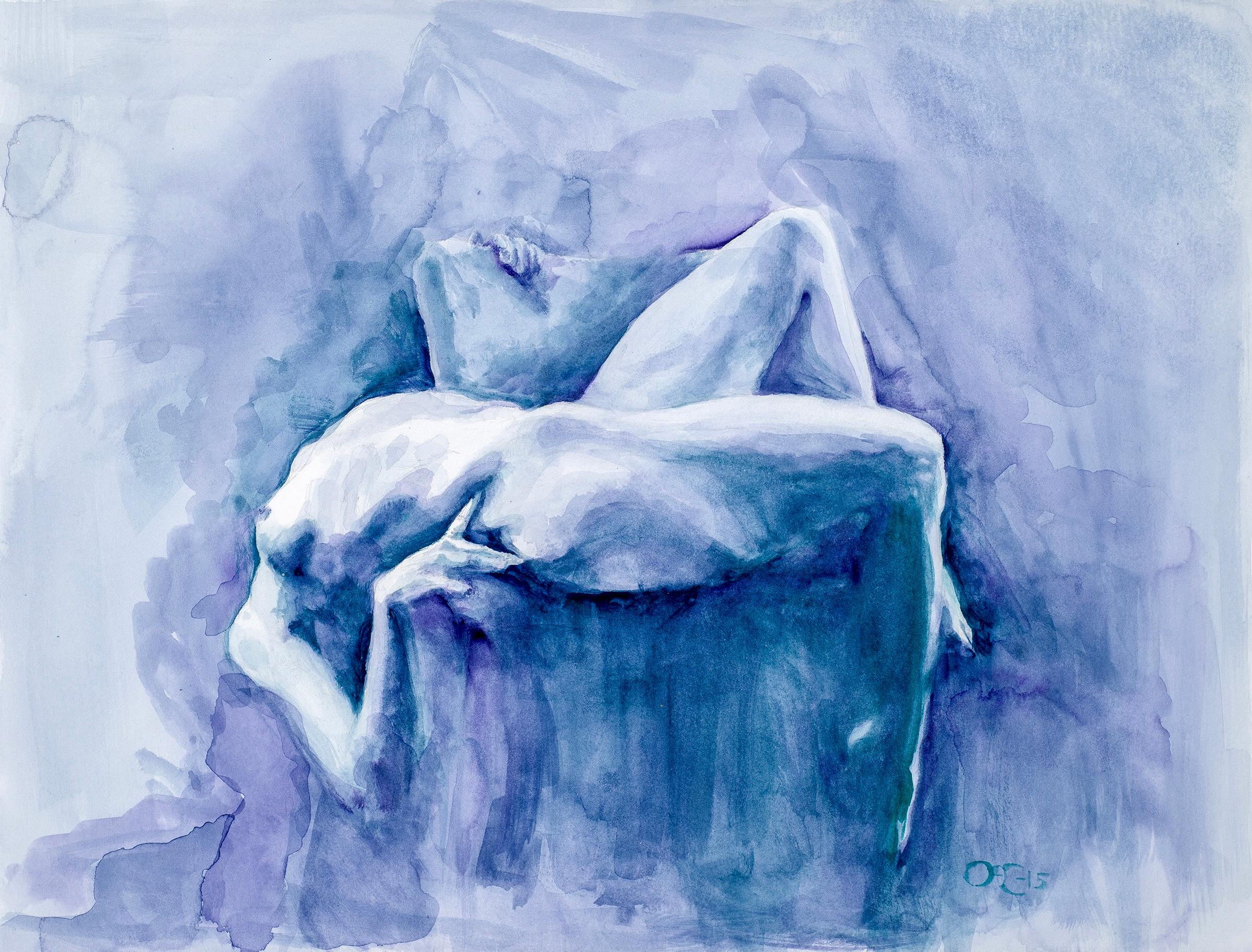 Orielle Caldwell Nude Painting - 'Rhapsody in Blue' Watercolor Painting By Orielle - Female Nudes Art