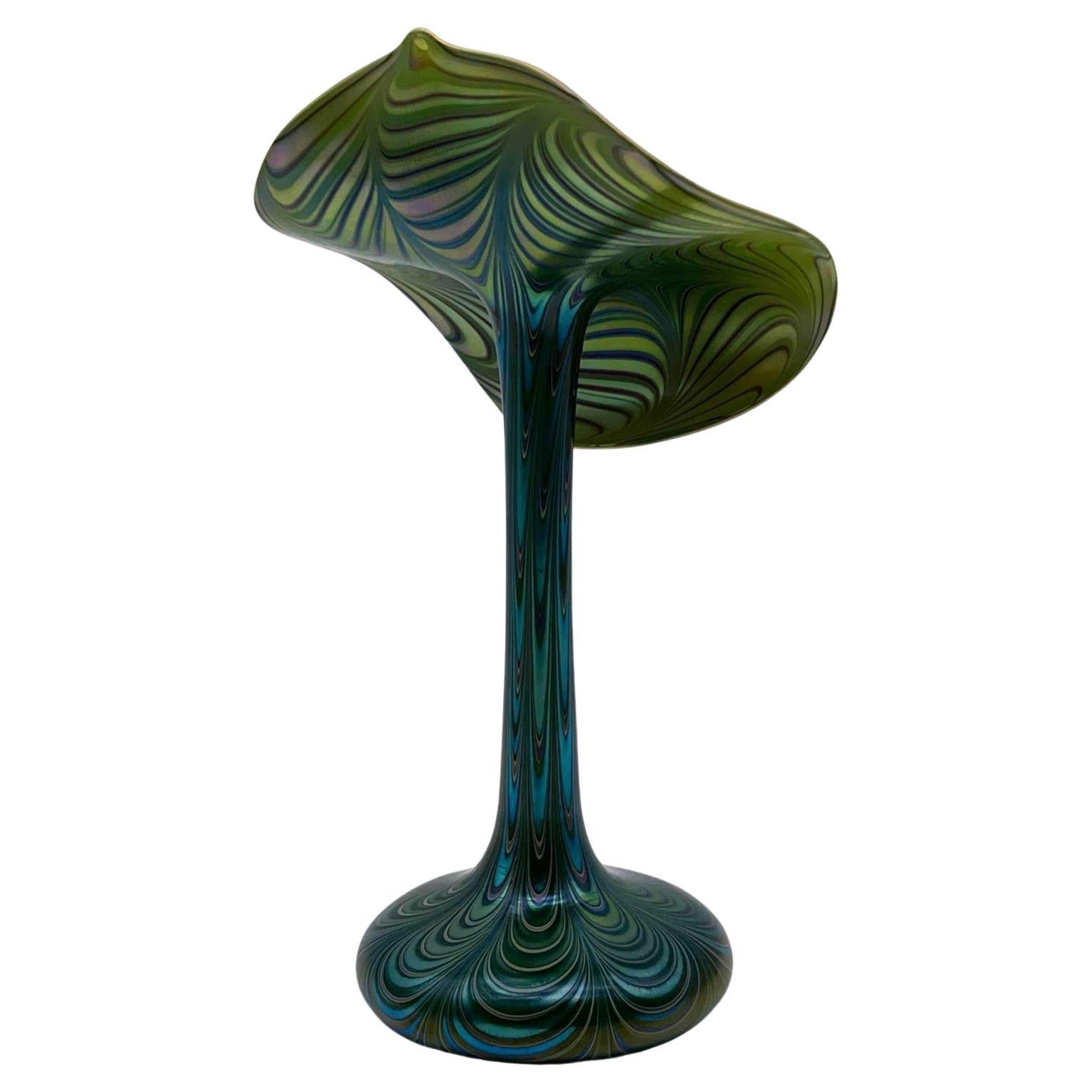 Orient & Flume Iridescent Art Glass Pulled Feather Jack in the Pulpit Vase For Sale