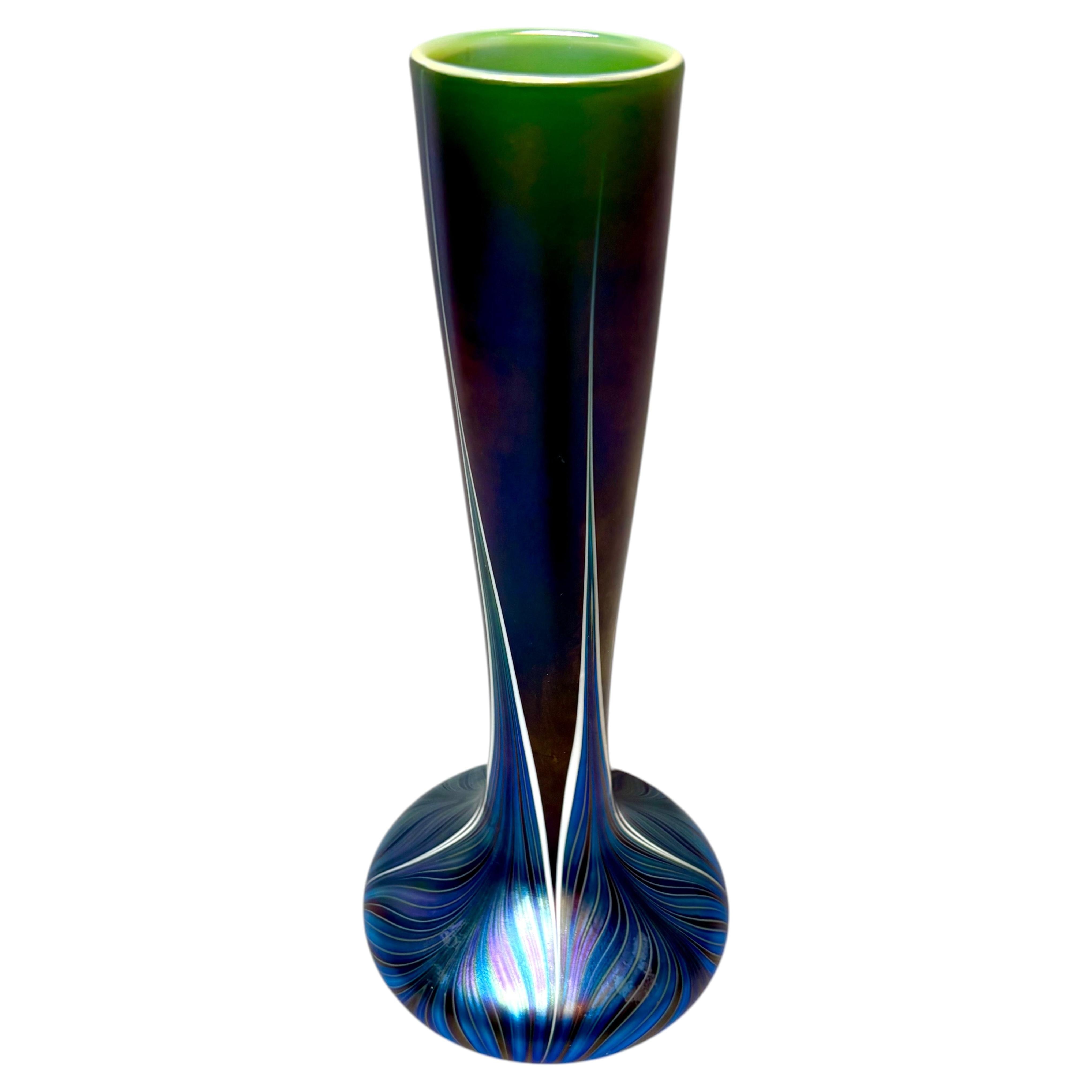Orient & Flume Iridescent Peacock Feather Art Glass Vase, Signed and Dated 1982 For Sale
