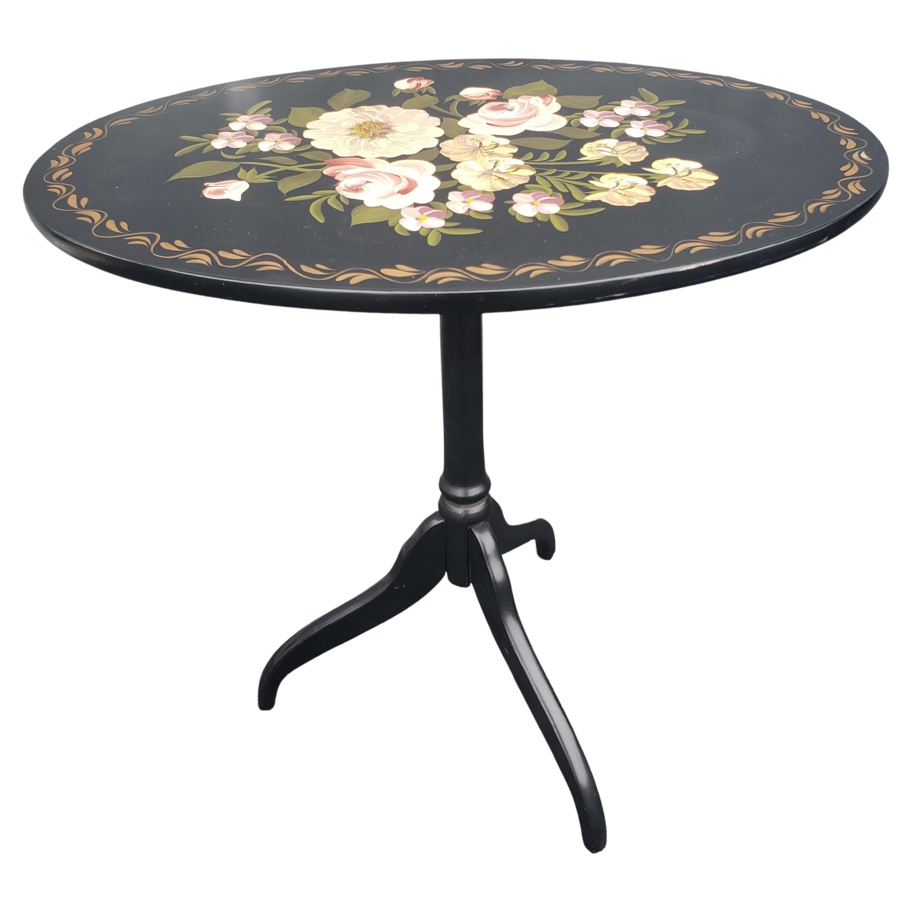 Oriental Accent Hand Painted Tilt Top Cocktail Accent Table For Sale