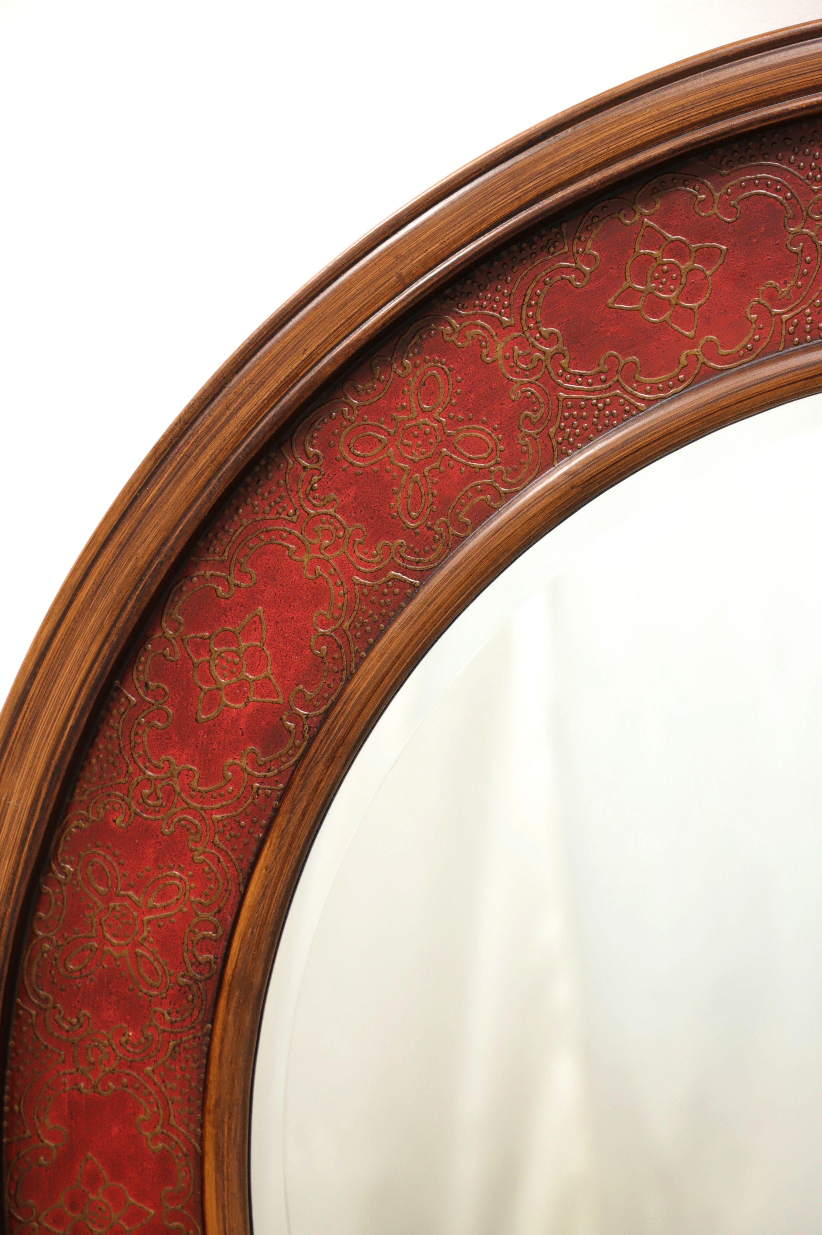 East Asian ORIENTAL ACCENT Red Painted Chinoiserie Round Beveled Wall Mirror