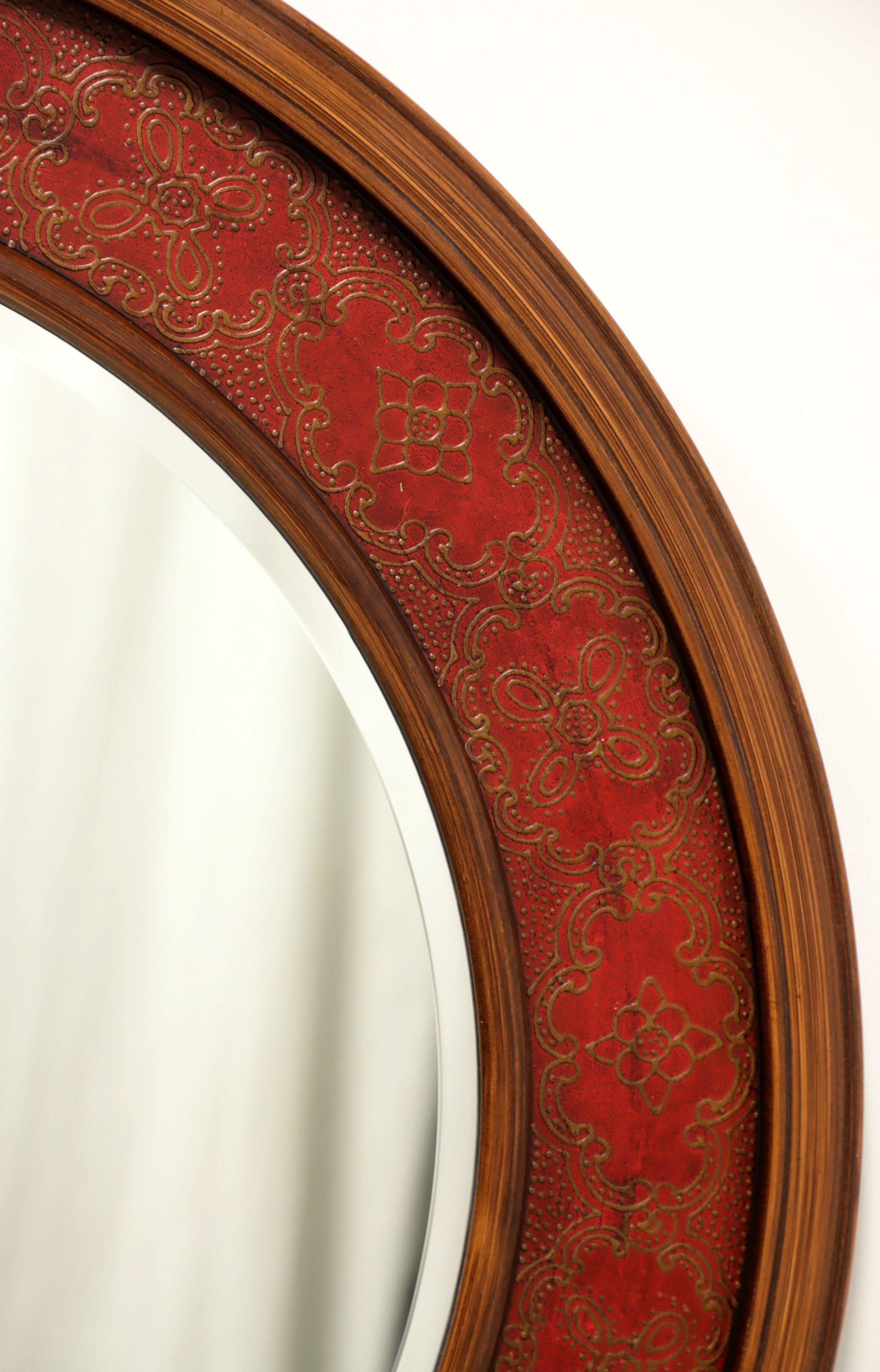 ORIENTAL ACCENT Red Painted Chinoiserie Round Beveled Wall Mirror In Good Condition In Charlotte, NC
