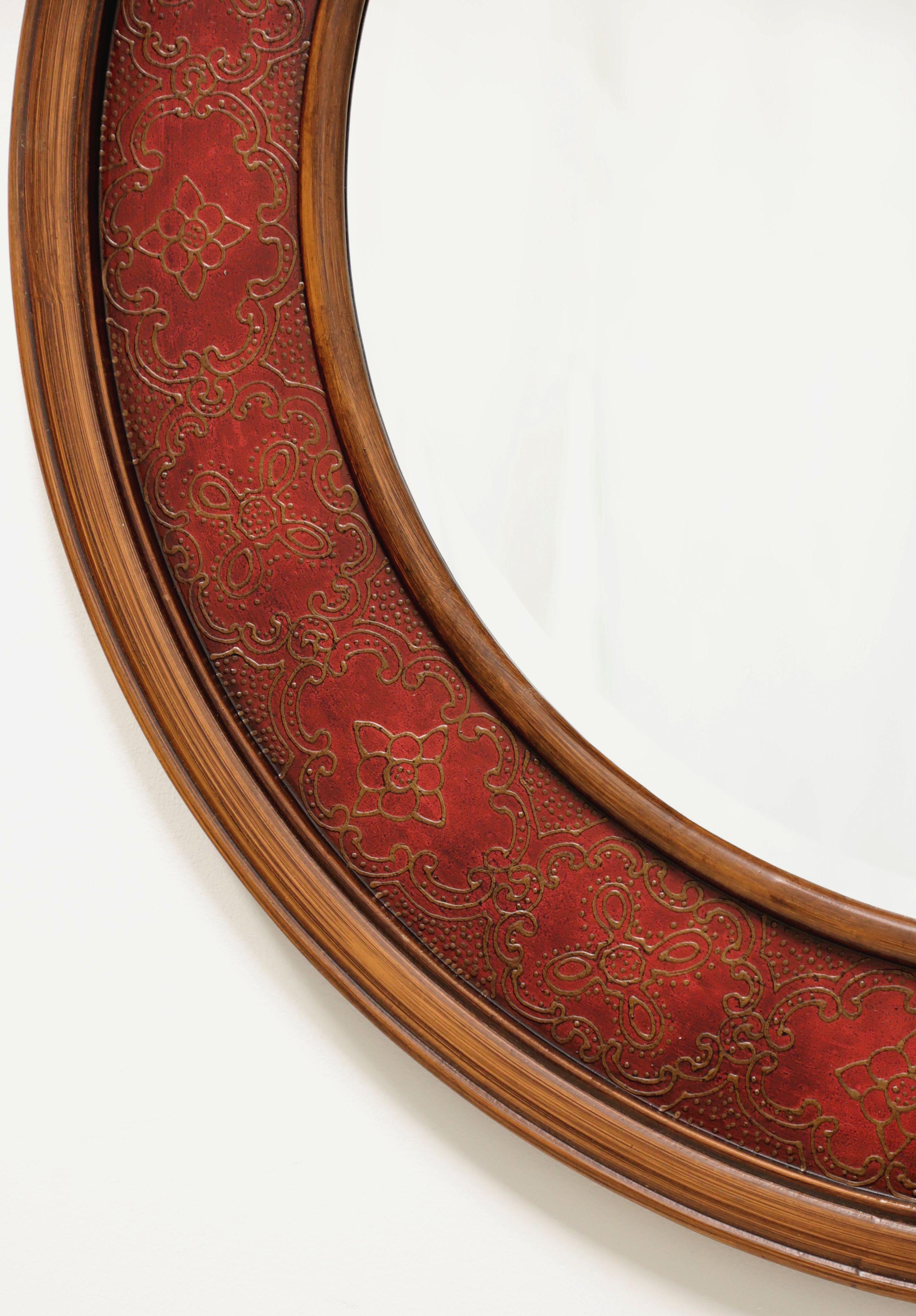 20th Century ORIENTAL ACCENT Red Painted Chinoiserie Round Beveled Wall Mirror