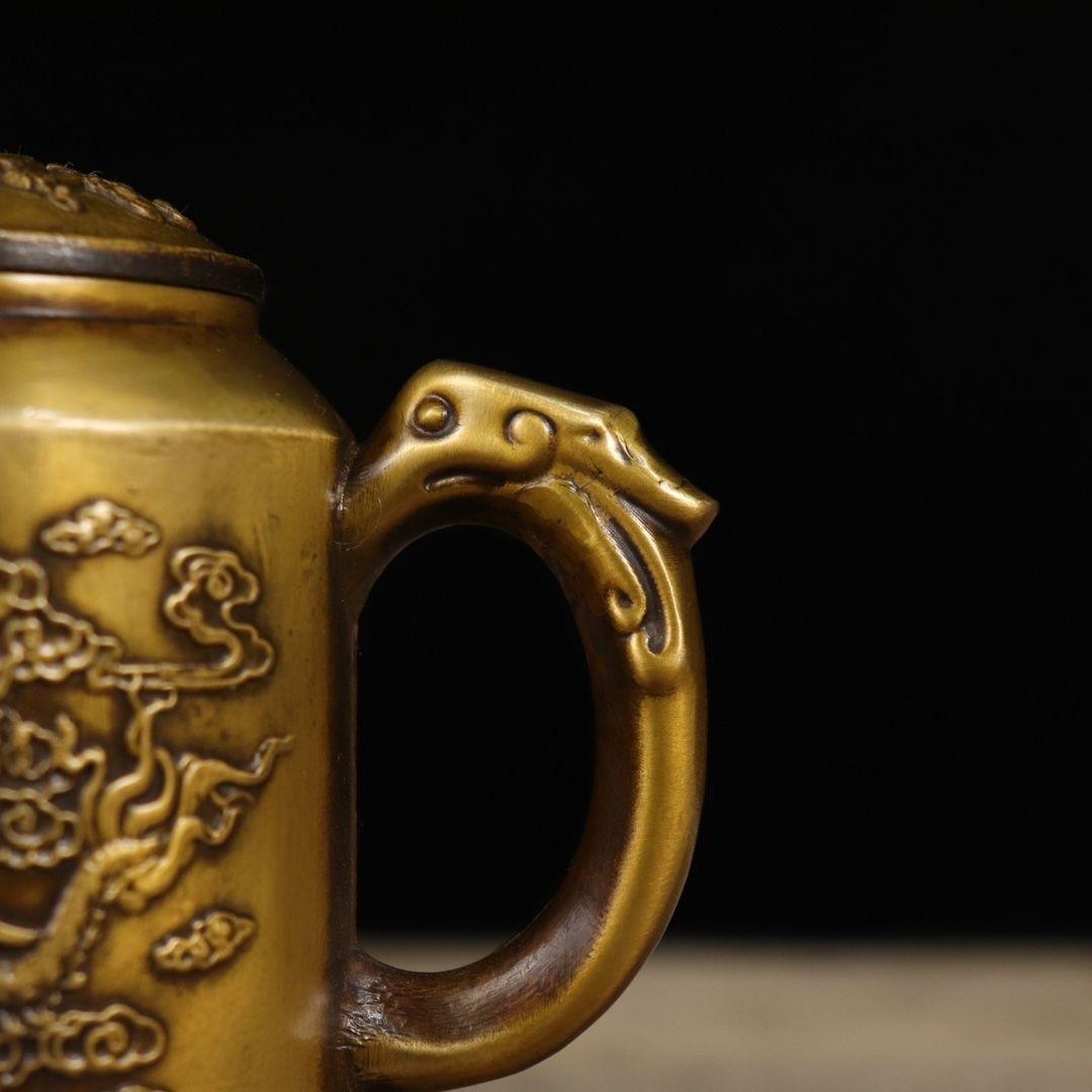 Big Size Antique Chinese Bronze Teapot  Wine Pot with Dragon Phoenix Decoration For Sale 4