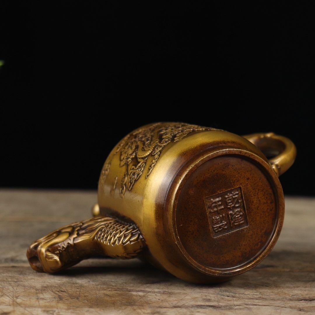 Big Size Antique Chinese Bronze Teapot  Wine Pot with Dragon Phoenix Decoration For Sale 5