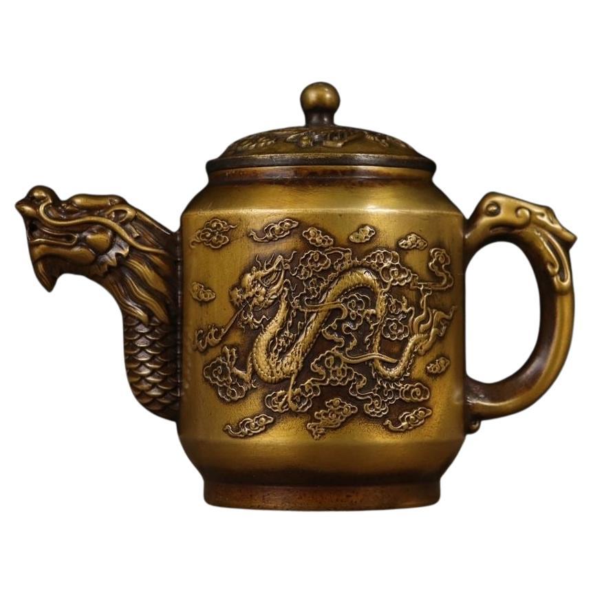 Vintage Chinese Bronze Teapot  Wine Pot with Dragon Phoenix Decoration