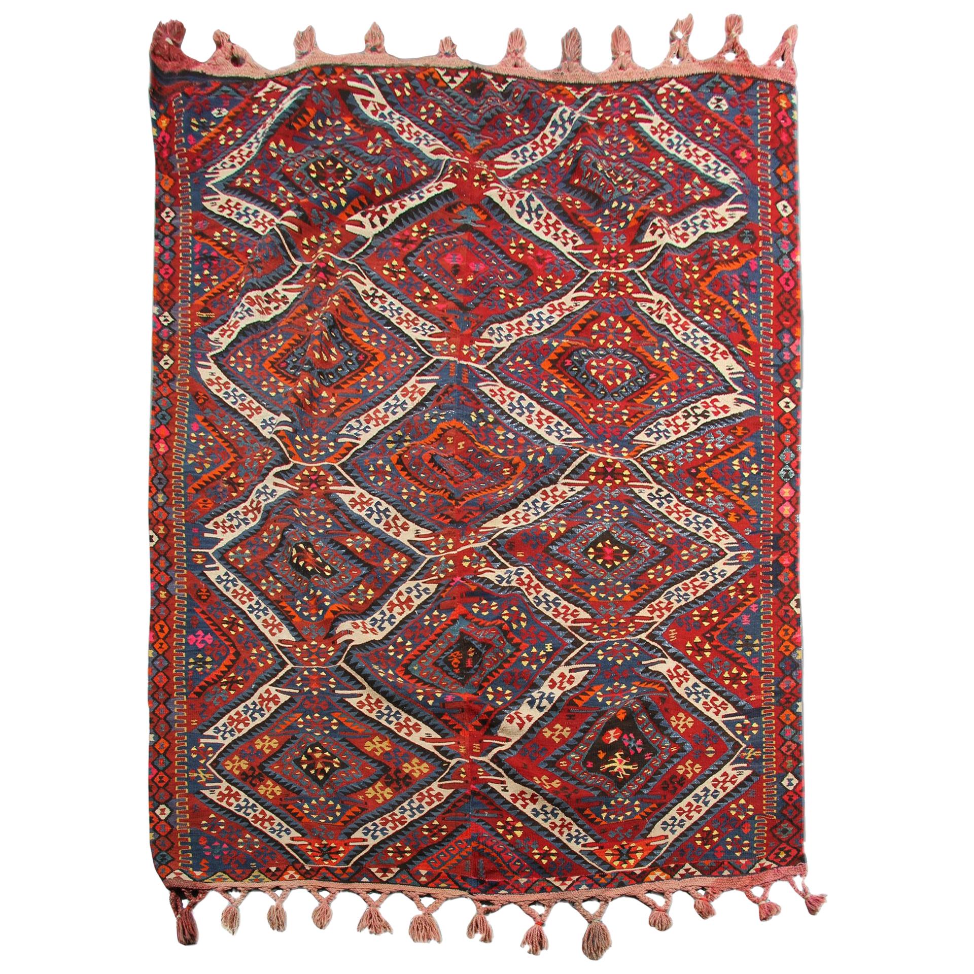 Oriental Antique Rug Turkish Kilim Rug Golden Metal Wool, Handmade Carpet For Sale