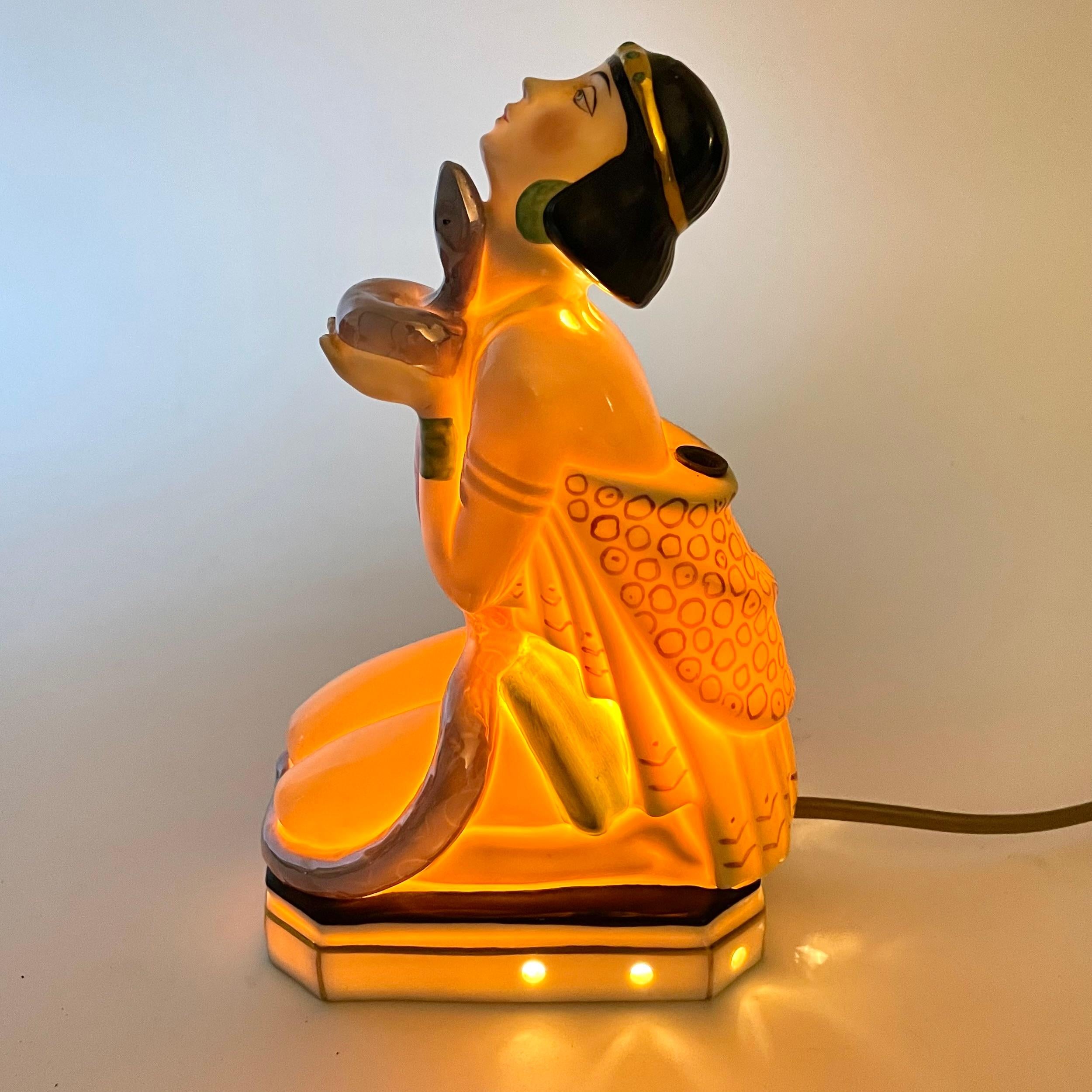 Oriental Art Deco Sculptural Table Lamp with Pen Stand, Lady with Serpent, 1920s 2