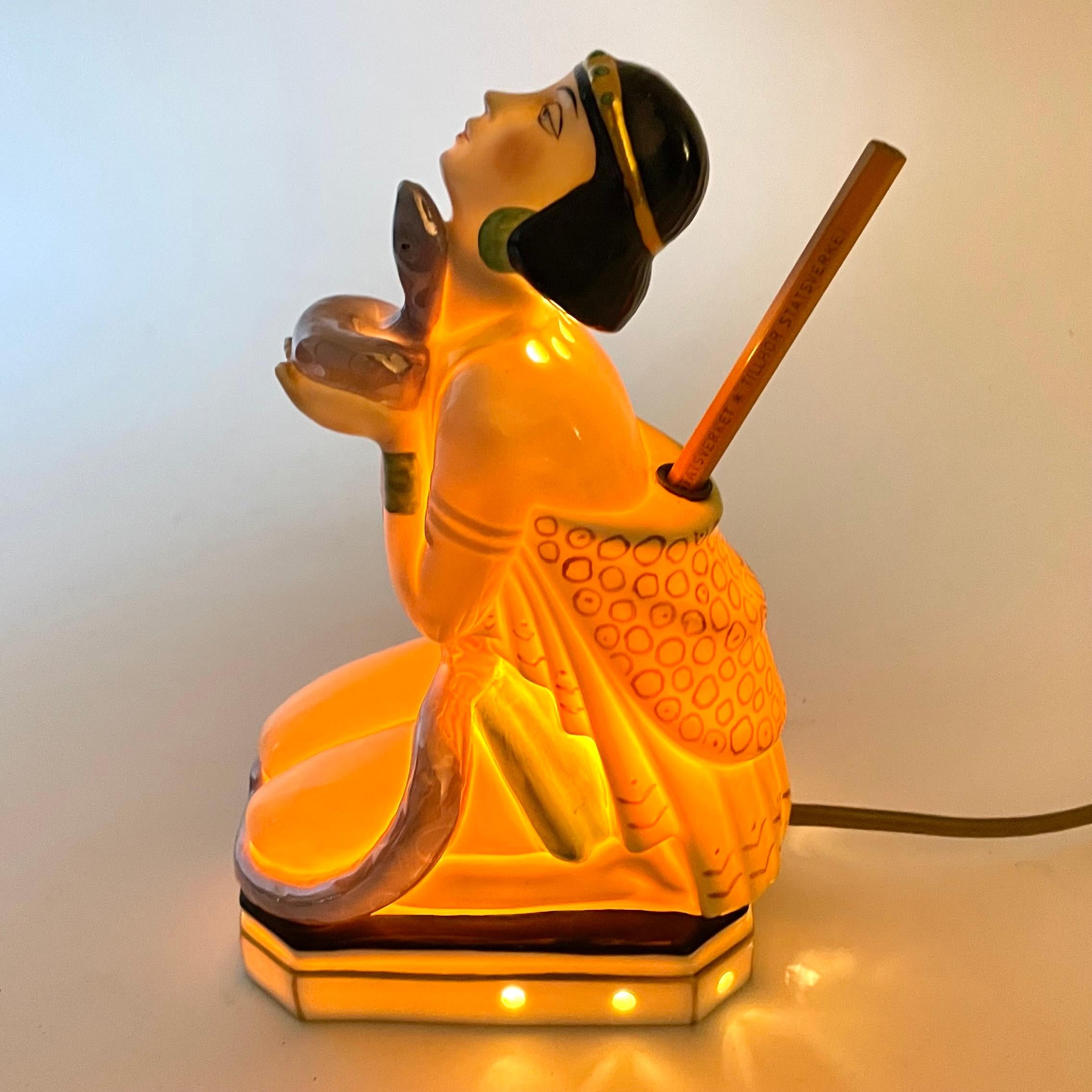 Oriental Art Deco Sculptural Table Lamp with Pen Stand, Lady with Serpent, 1920s 3