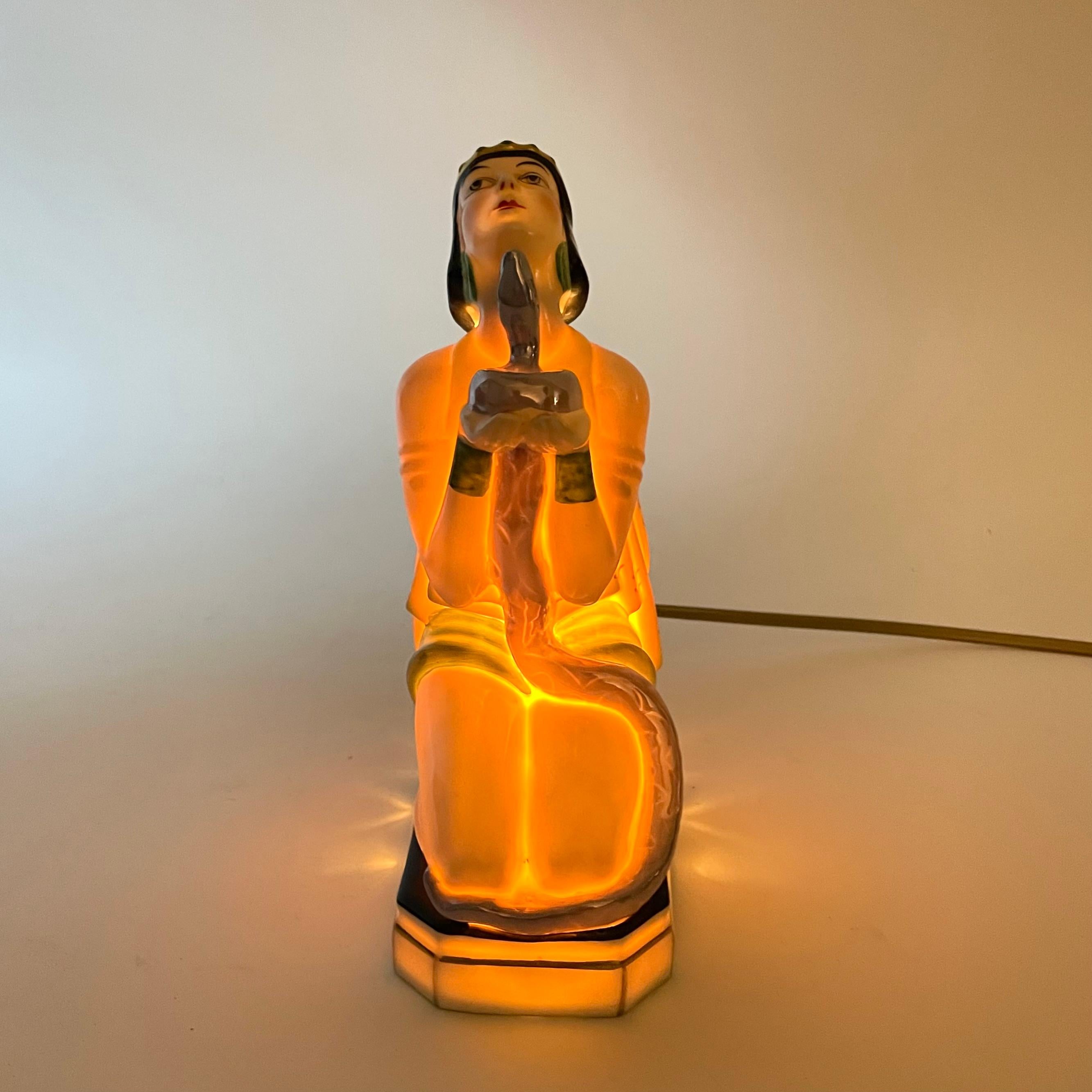 Oriental Art Deco Sculptural Table Lamp with Pen Stand, Lady with Serpent, 1920s 4