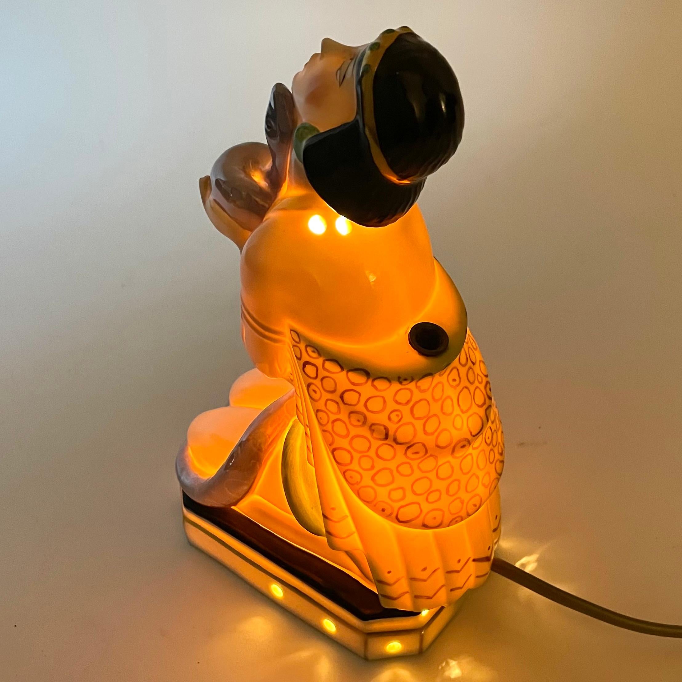 Oriental Art Deco Sculptural Table Lamp with Pen Stand, Lady with Serpent, 1920s 5