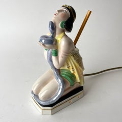 Oriental Art Deco Sculptural Table Lamp with Pen Stand, Lady with Serpent, 1920s