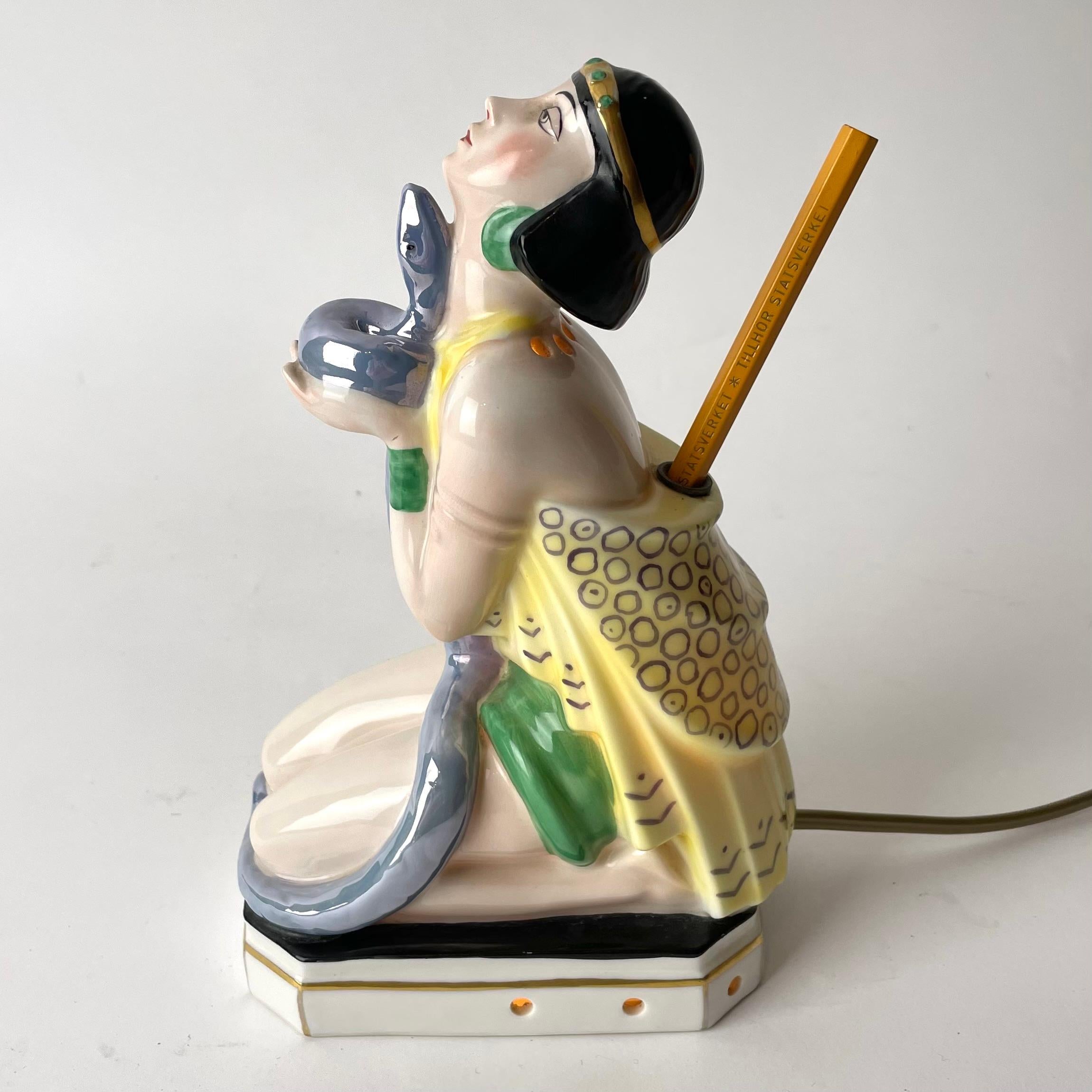 European Oriental Art Deco Sculptural Table Lamp with Pen Stand, Lady with Serpent, 1920s