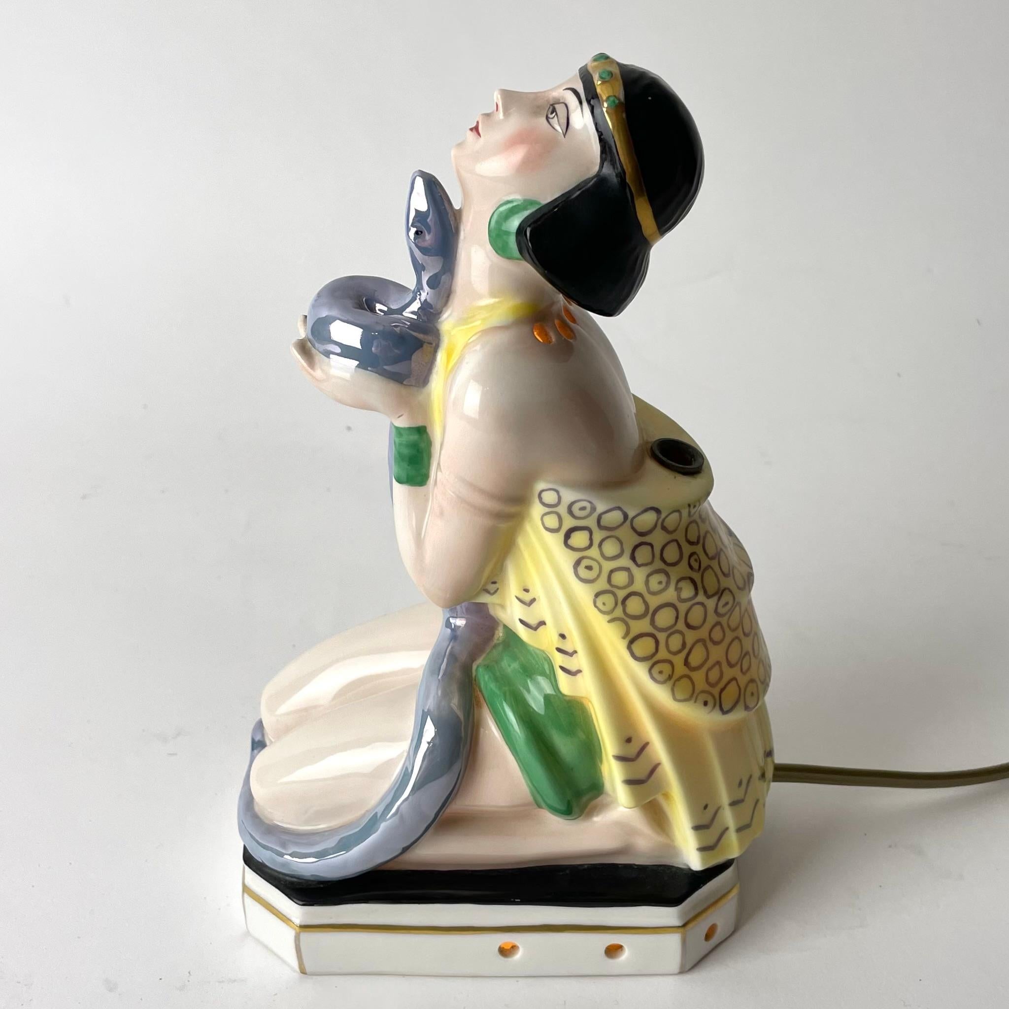 Glazed Oriental Art Deco Sculptural Table Lamp with Pen Stand, Lady with Serpent, 1920s