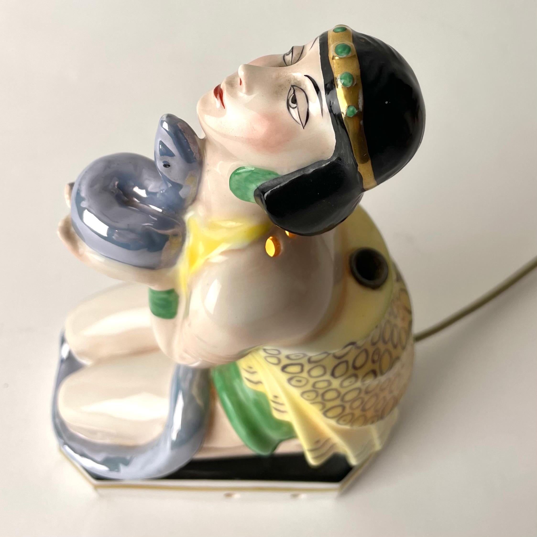Early 20th Century Oriental Art Deco Sculptural Table Lamp with Pen Stand, Lady with Serpent, 1920s