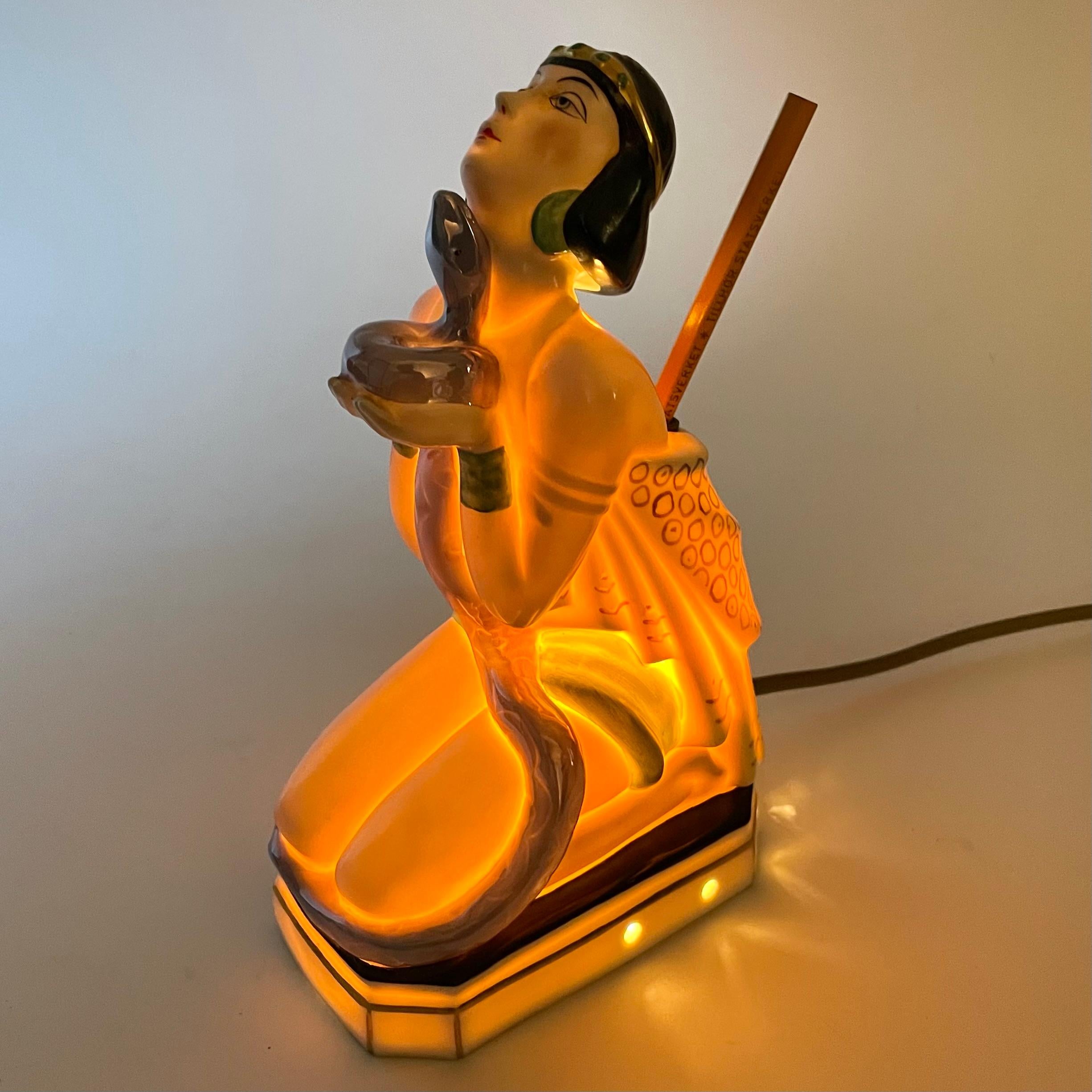 Ceramic Oriental Art Deco Sculptural Table Lamp with Pen Stand, Lady with Serpent, 1920s