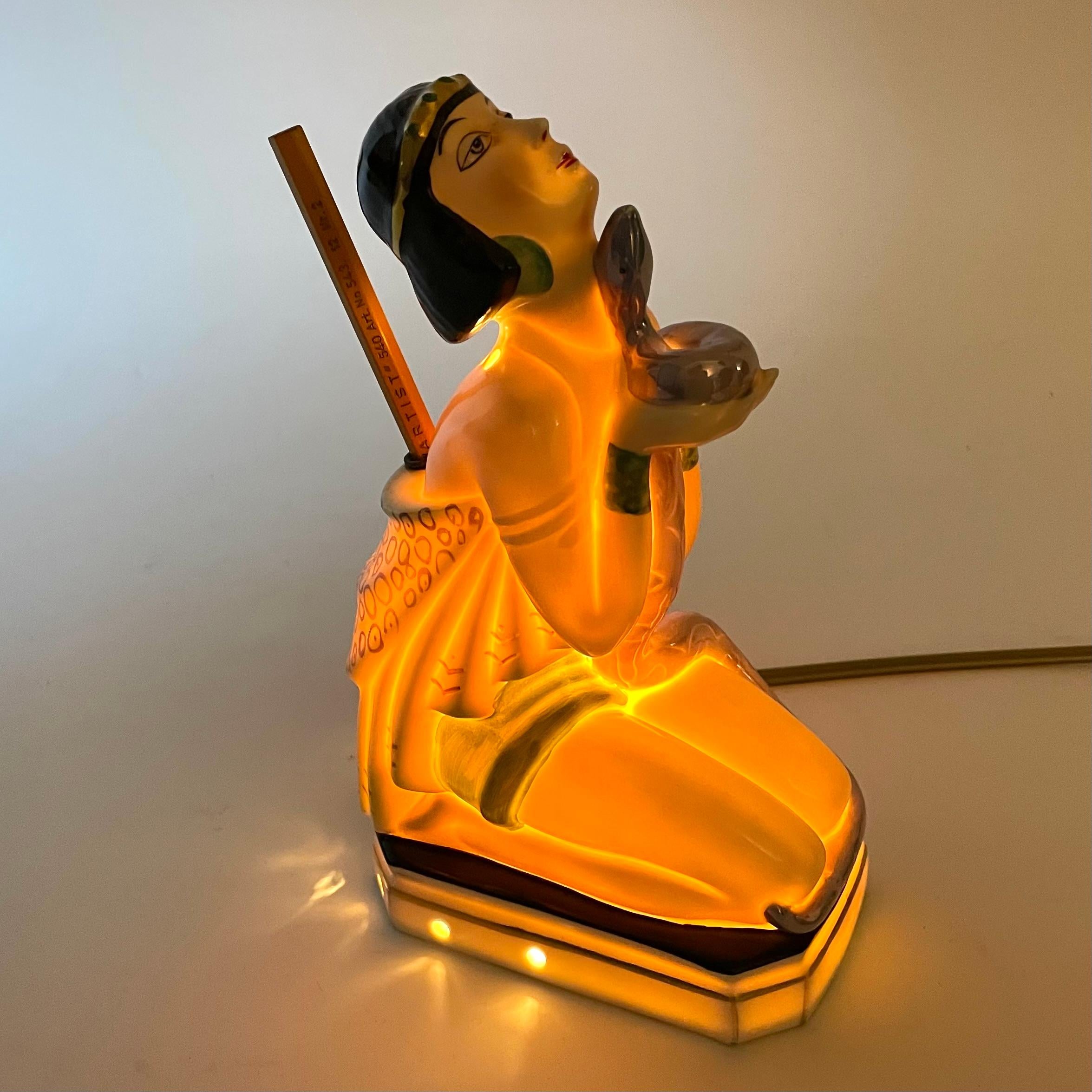 Oriental Art Deco Sculptural Table Lamp with Pen Stand, Lady with Serpent, 1920s 1