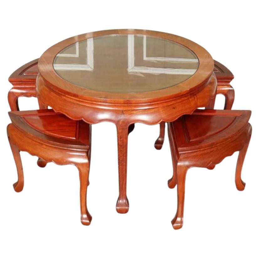 Oriental Asian Hardwood Tea Table with Set of Four Seats For Sale