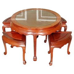 Vintage Oriental Asian Hardwood Tea Table with Set of Four Seats
